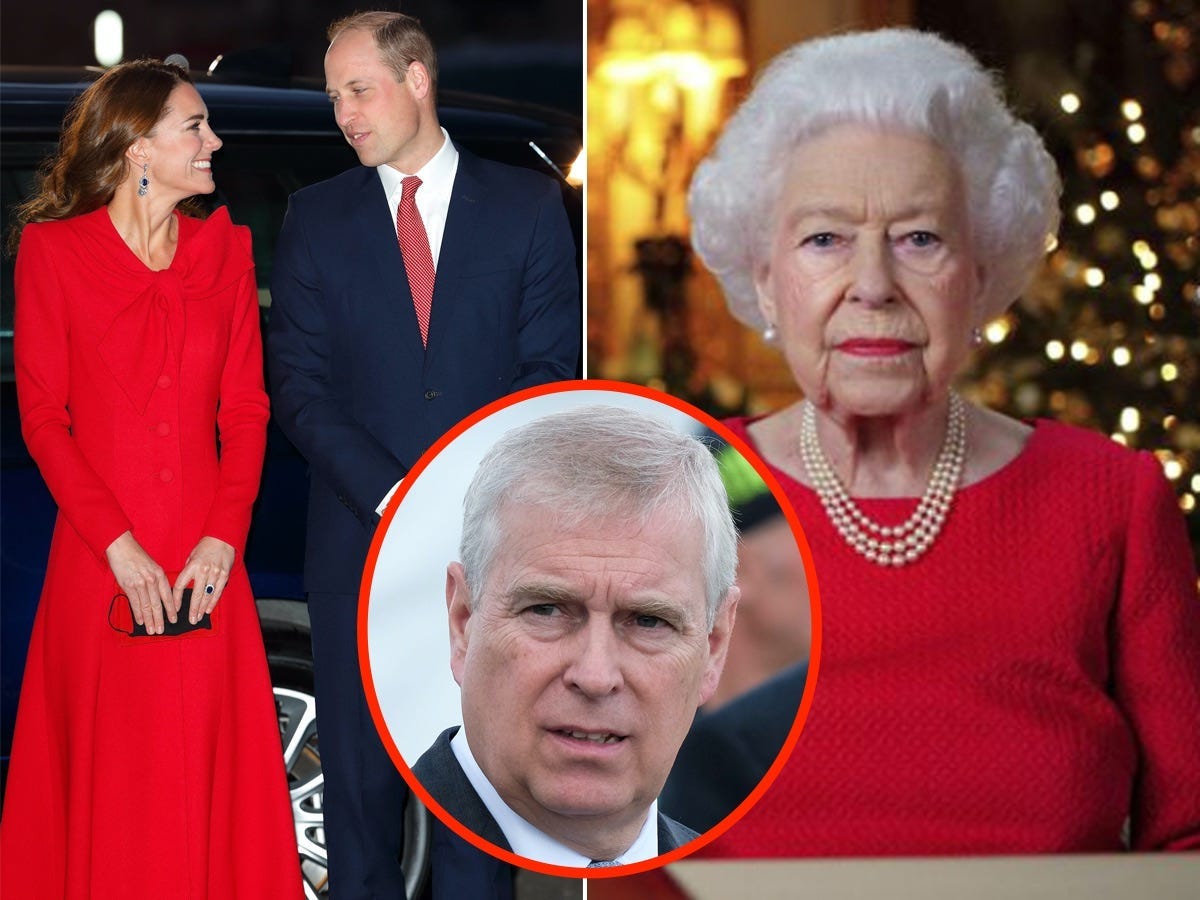 A side-by-side of Prince William and Kate Middleton next to Queen Elizabeth, with an inset of Prince Andrew.