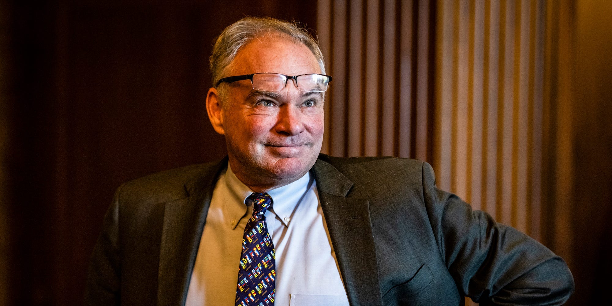 U.S. Sen. Tim Kaine (D-VA) arrives for a meeting with Senate Majority Leader Chuck Schumer (D-NY) and Senate Budget Committee Democrats in the Mansfield Room at the U.S. Capitol building on June 16, 2021 in Washington, DC