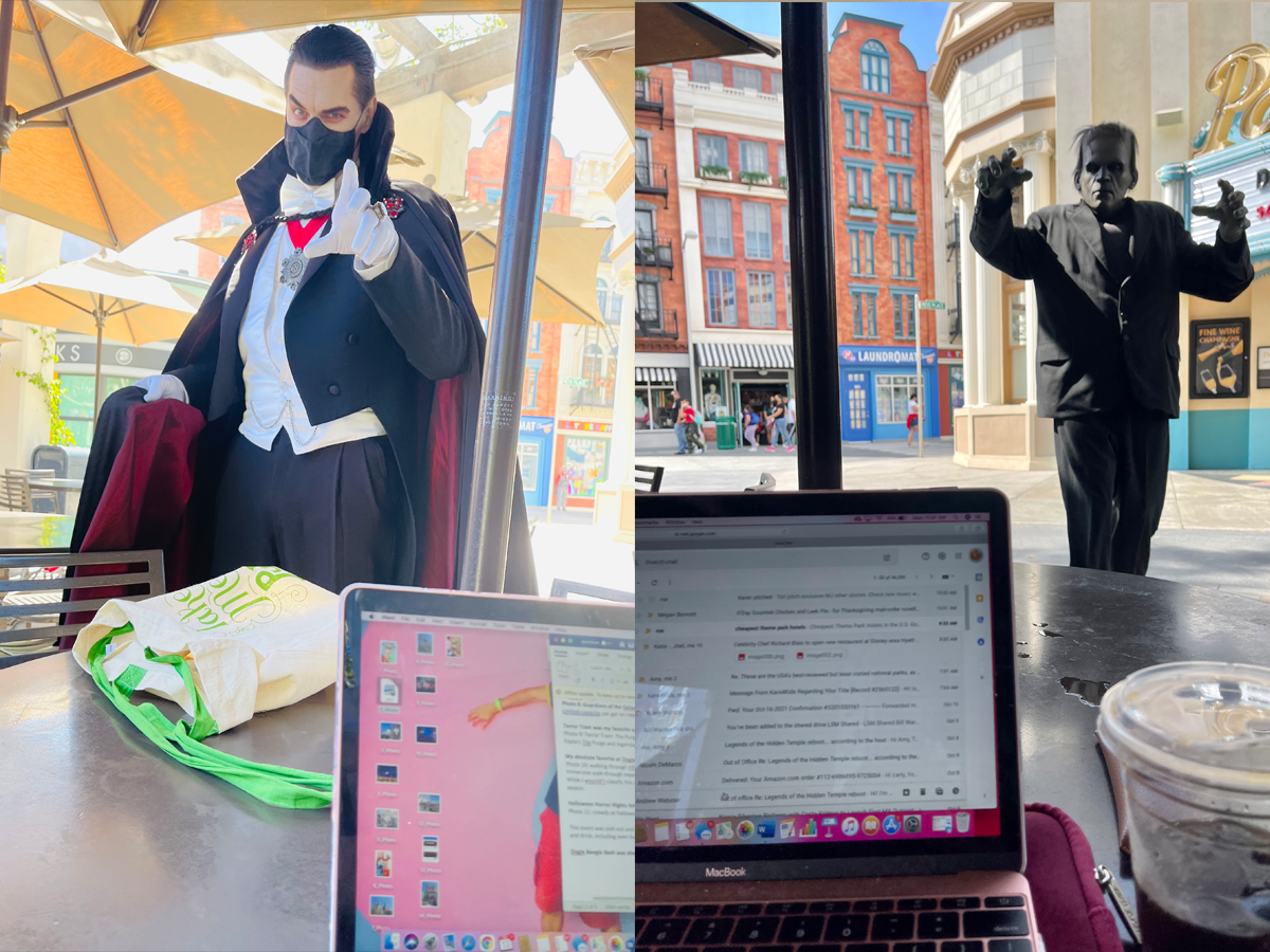 A vampire looking at the writer who is on her laptop next to a photo of Frankenstein looking at the writer on her computer