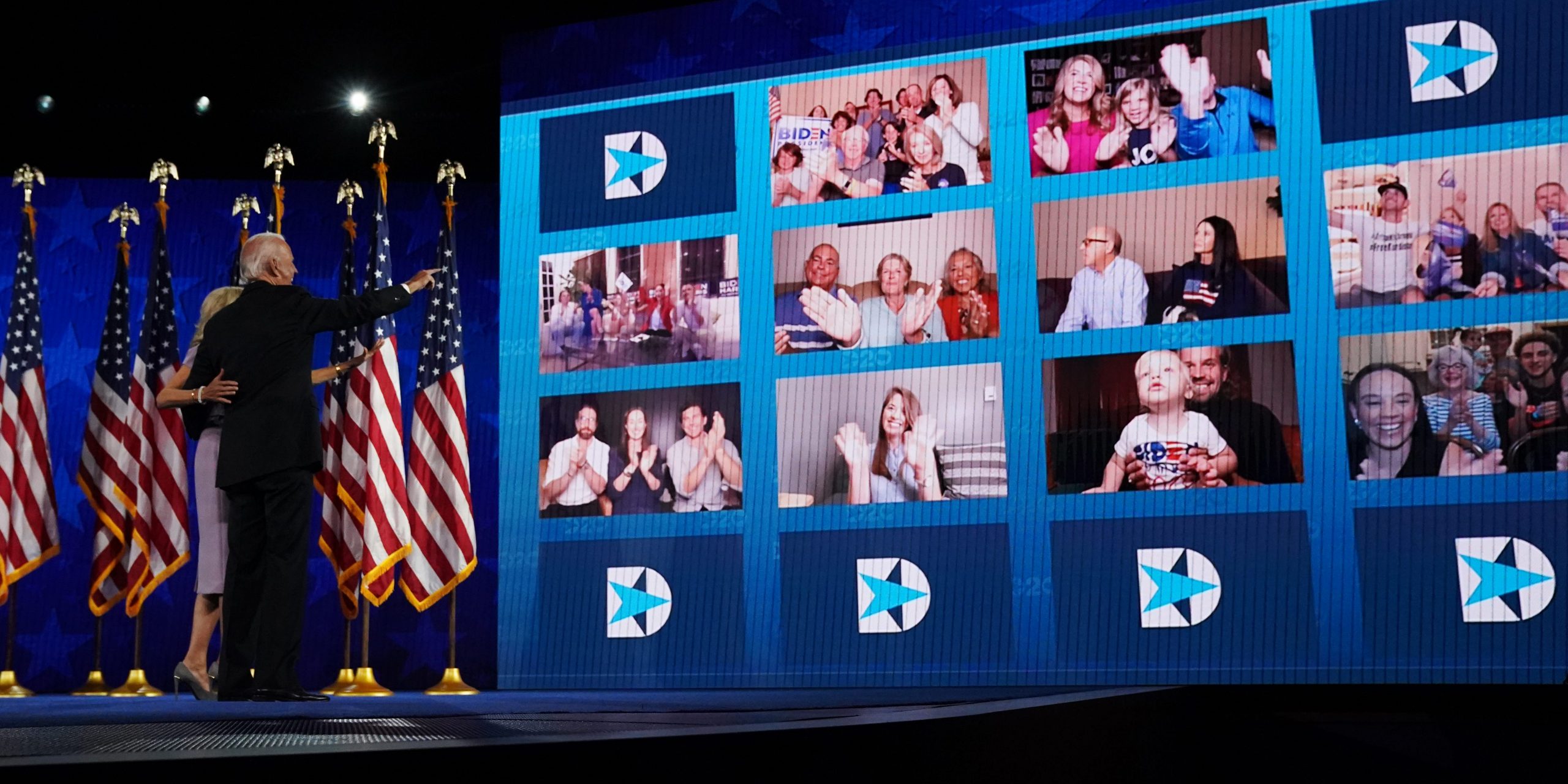 Joe Biden and Jill Biden wave to a crowd of virtual supporters at the 2020 Democratic National Convention.