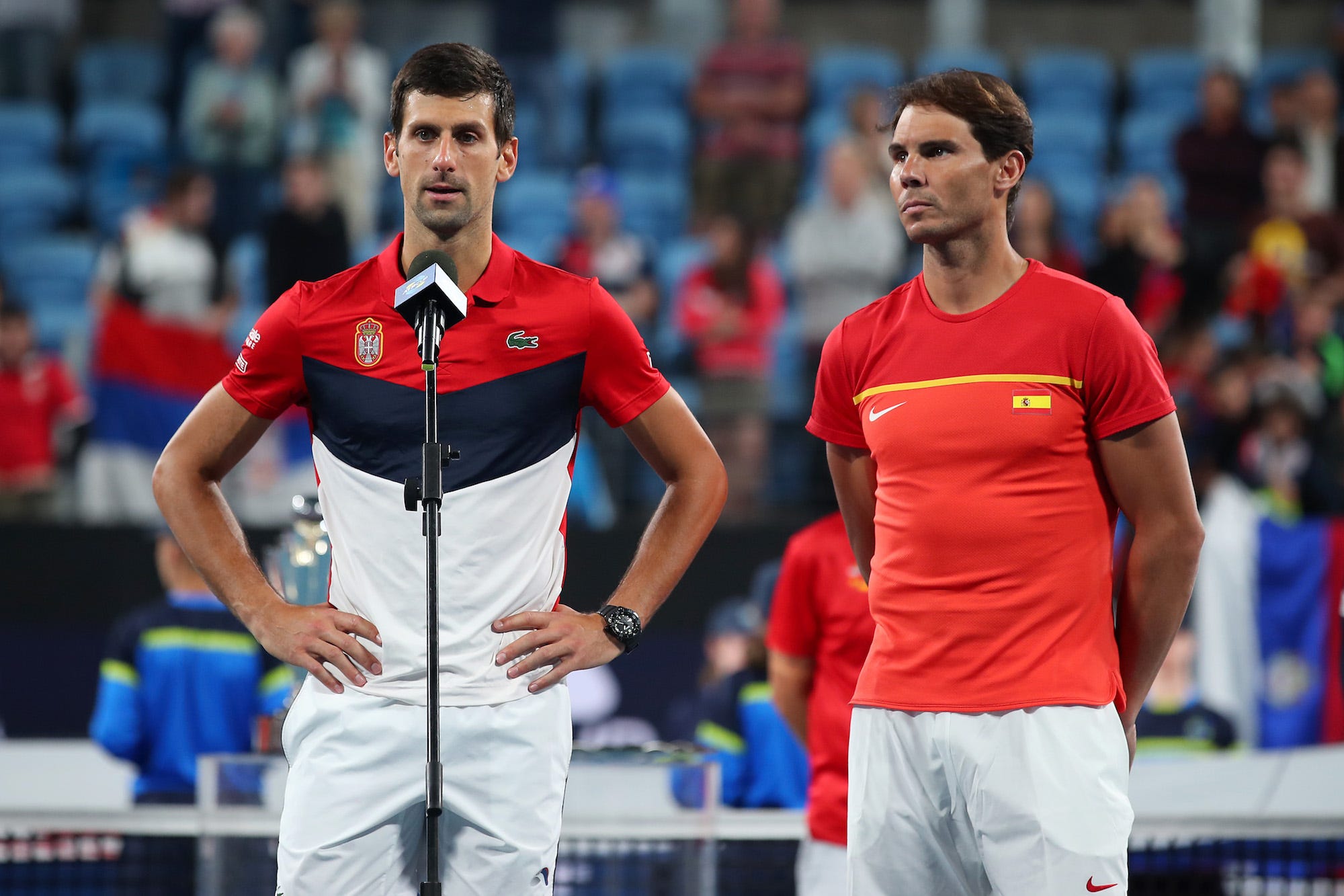 Novak Djokovic of Serbia and Rafael Nadal of Spain after the ATP Cup Final that Serbia won in 3 sets on day 10 of the ATP Cup at Ken Rosewall Arena