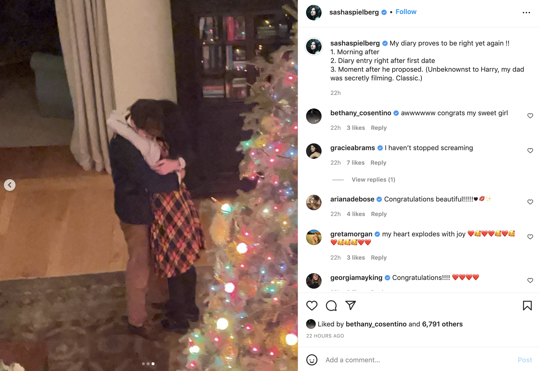 Sasha Spielberg and her fiancé Harry McNally hug moments after their engagement.