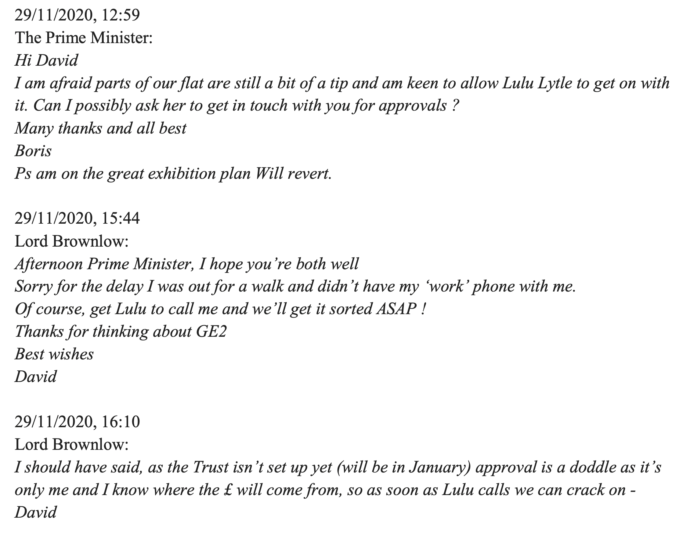 Texts between Boris Johnson and Lord Brownlow