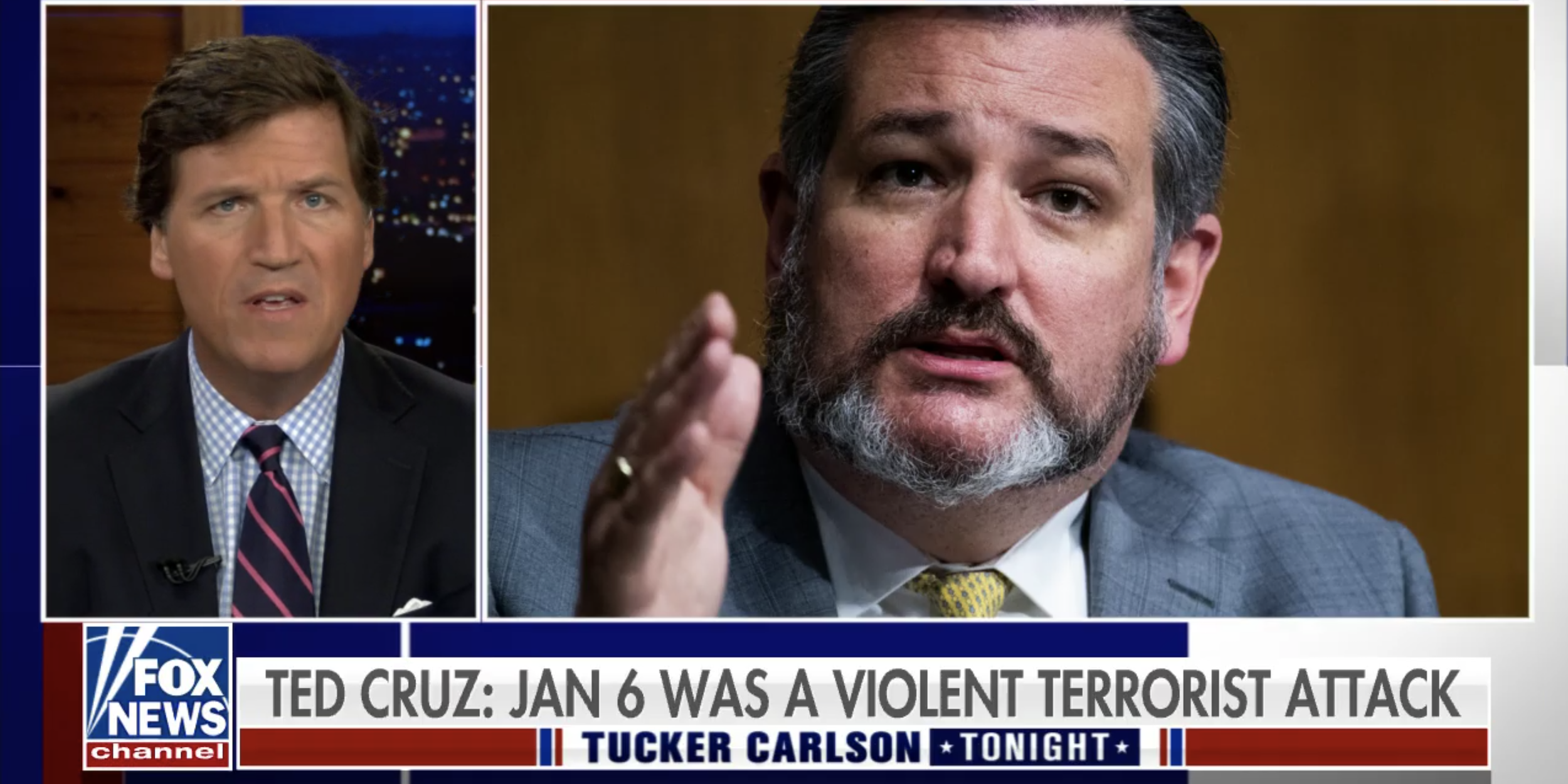 Screenshot of Tucker Carlson speaking next to a blown up photo of Ted Cruz.