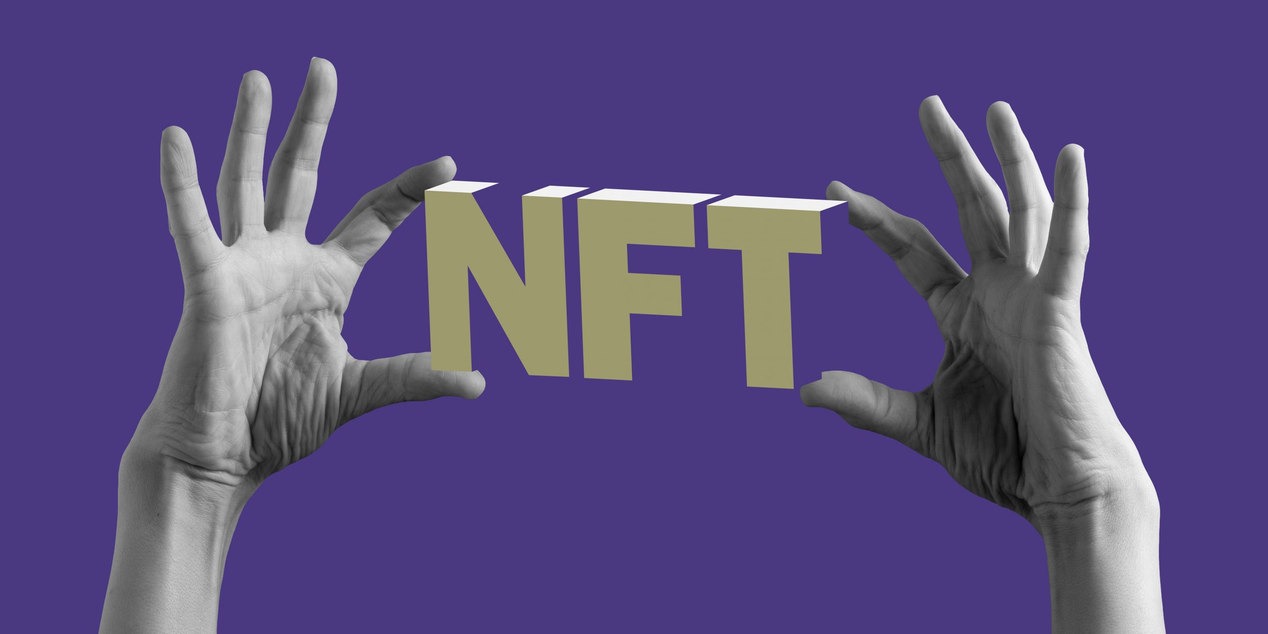 Hands holding NFT against purple background.