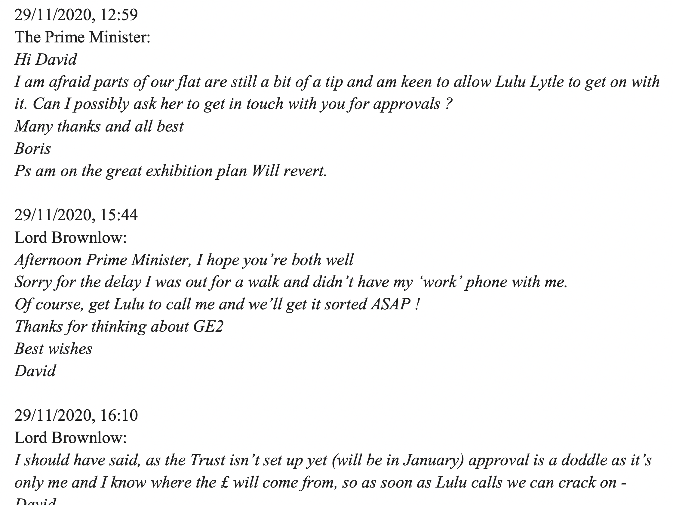 Texts between Boris Johnson and Lord Brownlow