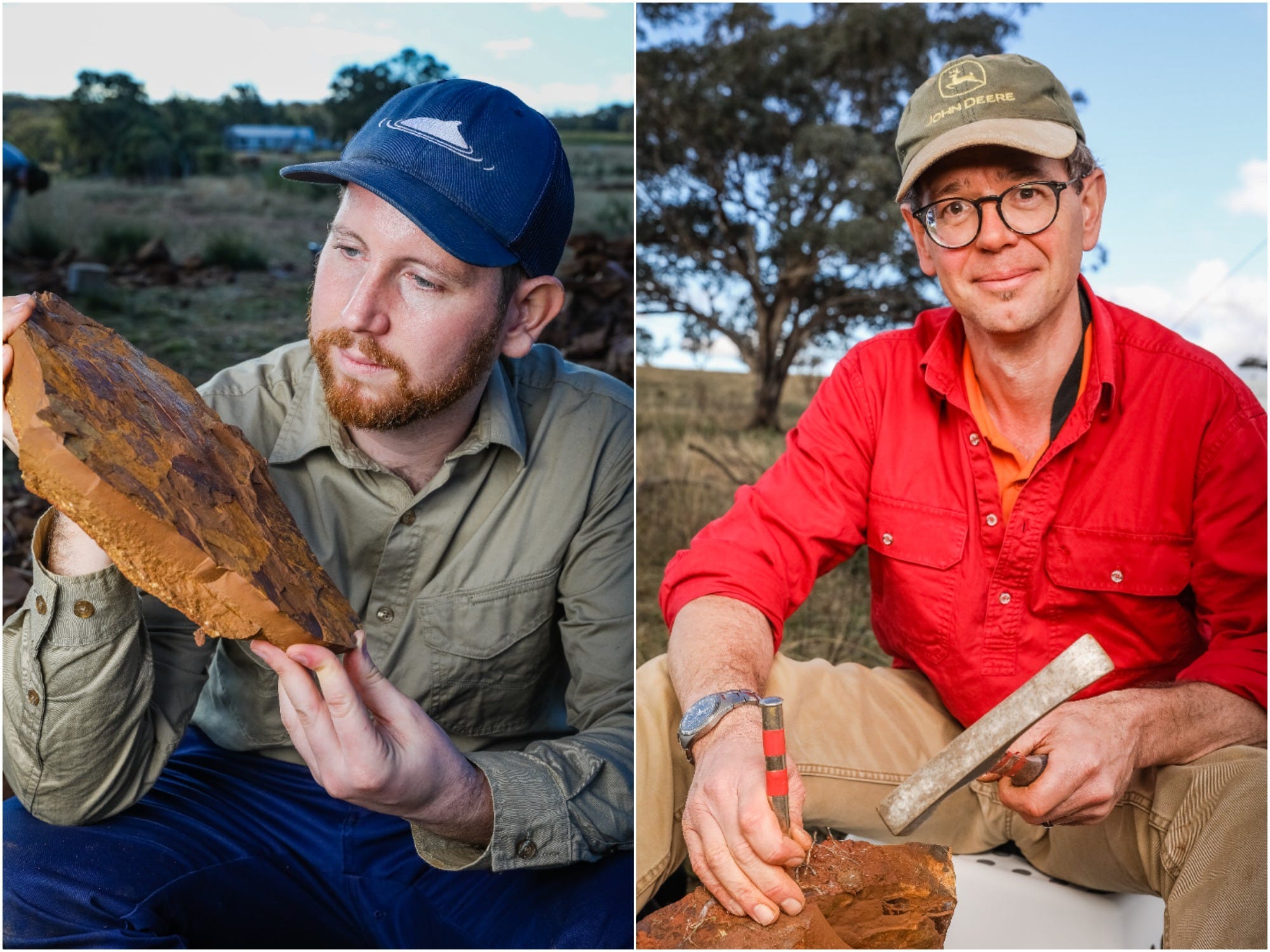 side by side images of two men in hats holding fossil rocks