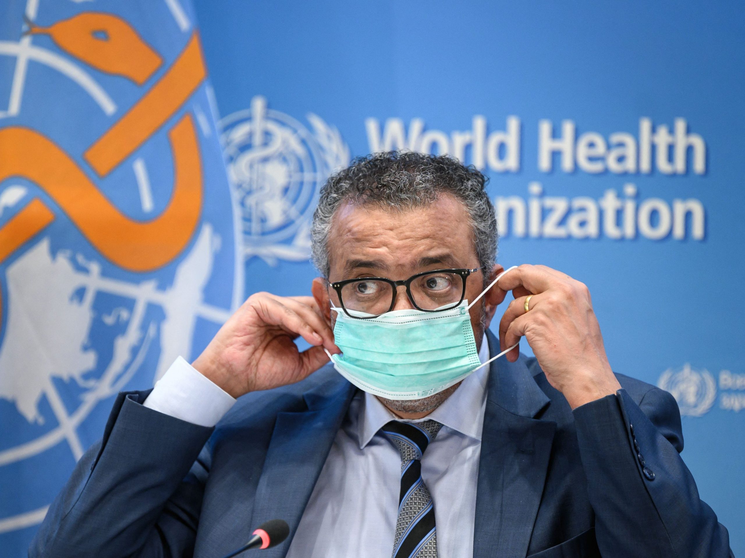 World Health Organization (WHO) Director-General Tedros Adhanom Ghebreyesus, wearing a protective facemask, attends a press conference on December 20, 2021 at the WHO headquarters in Geneva