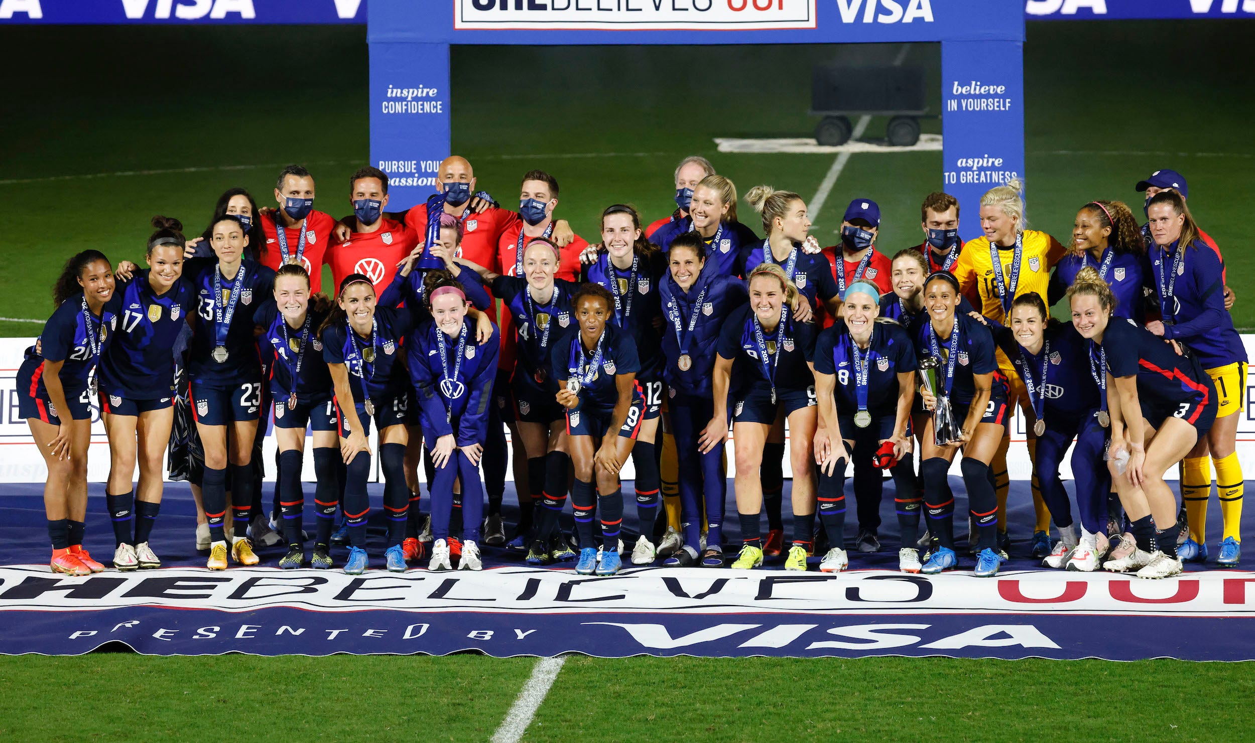 The USWNT celebrates winning the 2021 SheBelieves Cup.