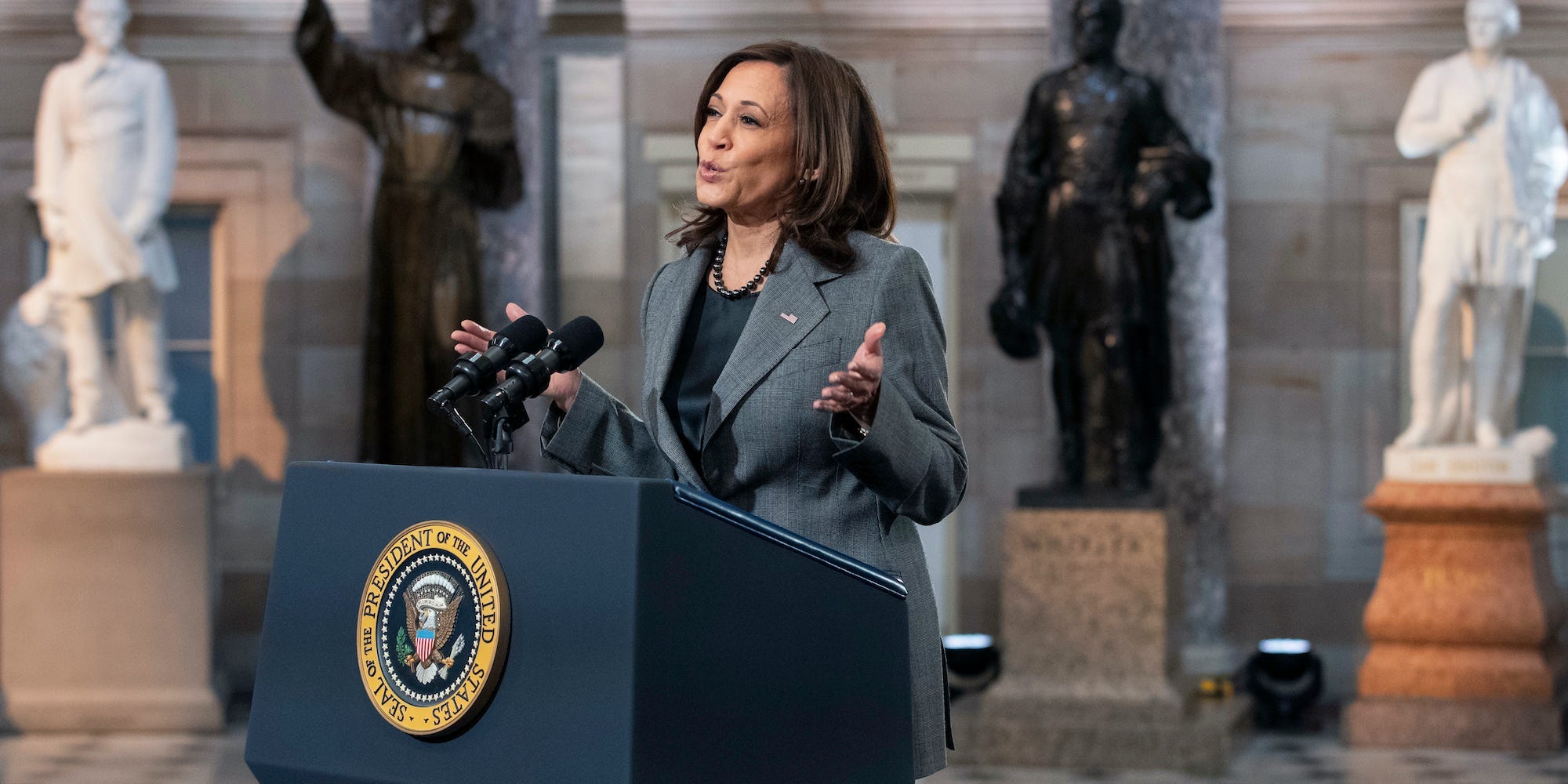 Vice President Kamala Harris speaks from Statuary Hall at the U.S. Capitol to mark the one year anniversary of the Jan. 6 riot at the U.S. Capitol by supporters loyal to then-President Donald Trump, Thursday, Jan. 6, 2022, in Washington