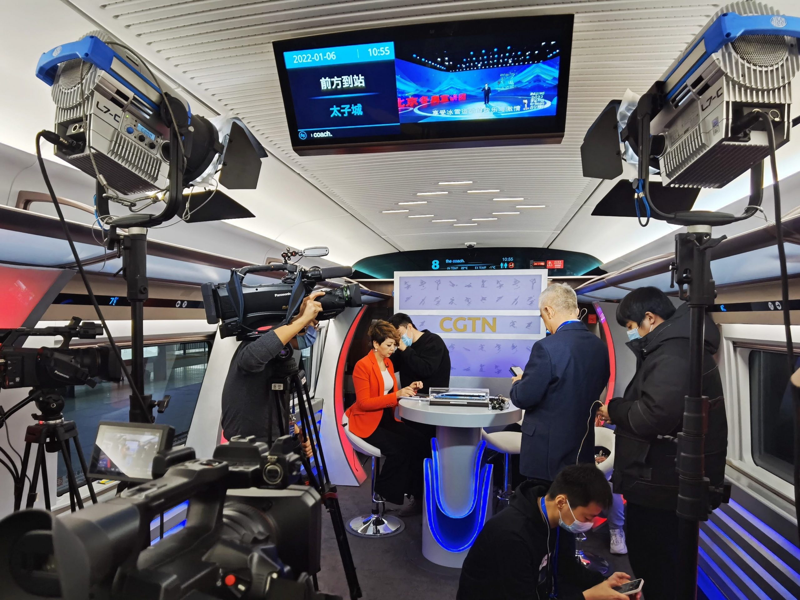 urnalists work at a 5G livestreaming studio on an intelligent Fuxing bullet train on January 6, 2022 in Zhangjiakou, Hebei Province of China.