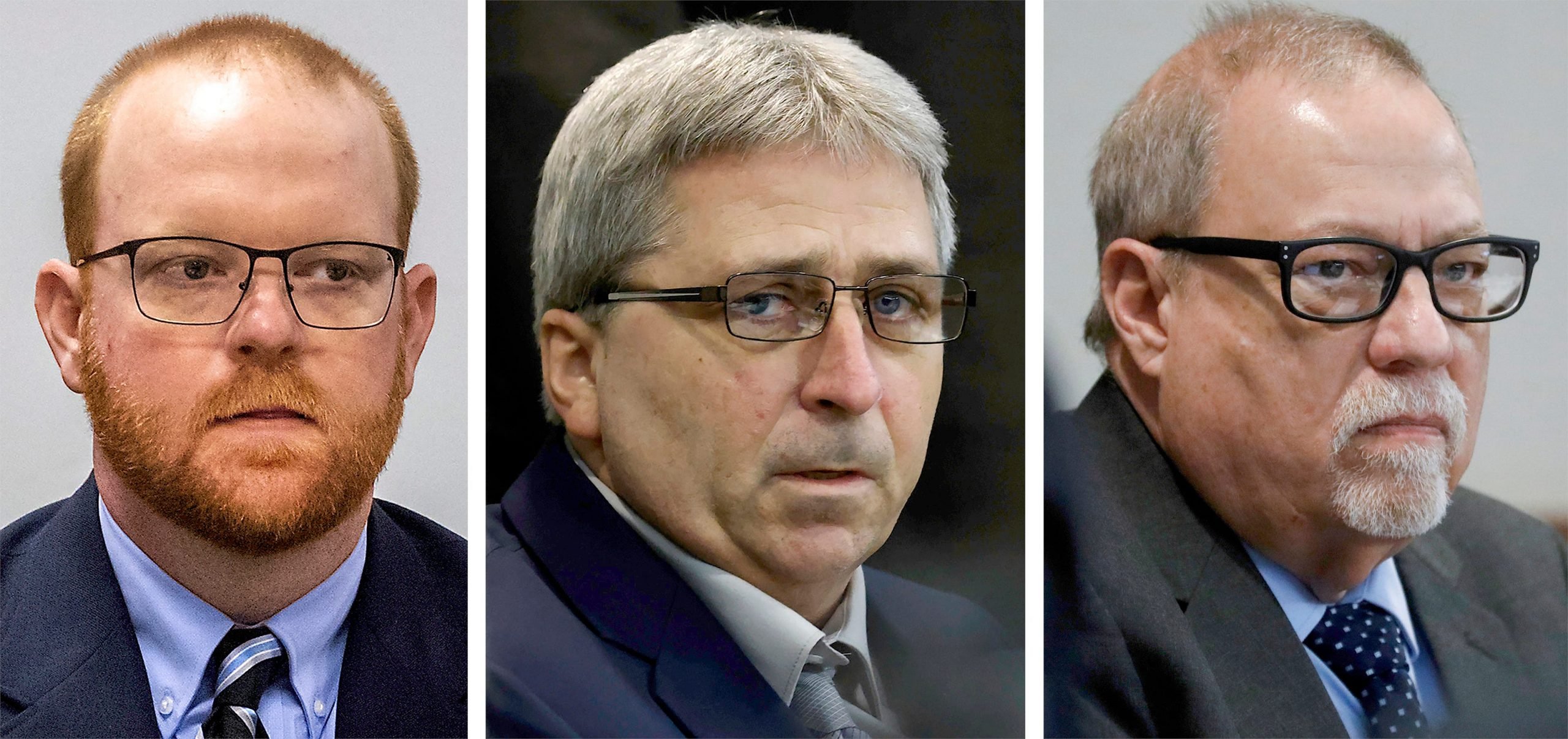 This photo combo shows, from left, Travis McMichael, William "Roddie" Bryan, and Gregory McMichael during their trial at at the Glynn County Courthouse in Brunswick, Ga.