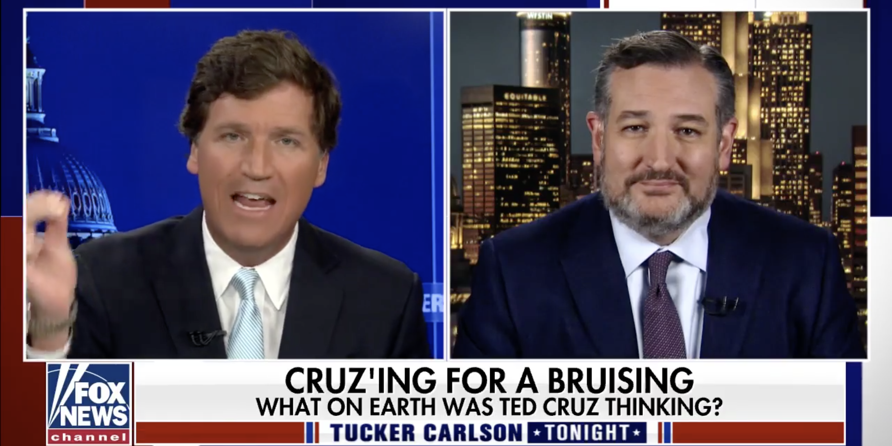 A screenshot of Tucker Carlson yelling at Ted Cruz.