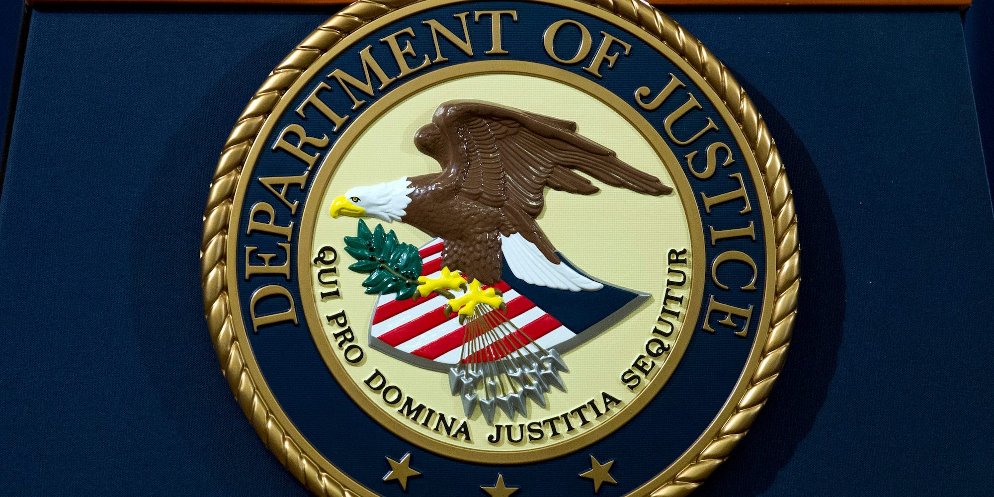 In this Nov. 28, 2018, file photo, the Department of Justice seal is seen in Washington, D.C.