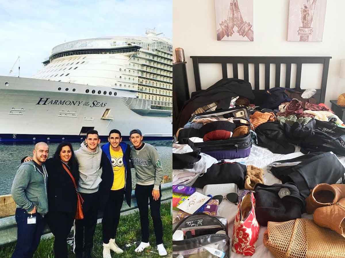 On the left, erica and people standing by the water with the cruise ship in background. On the right, a bed covered with different things Erica is packing.