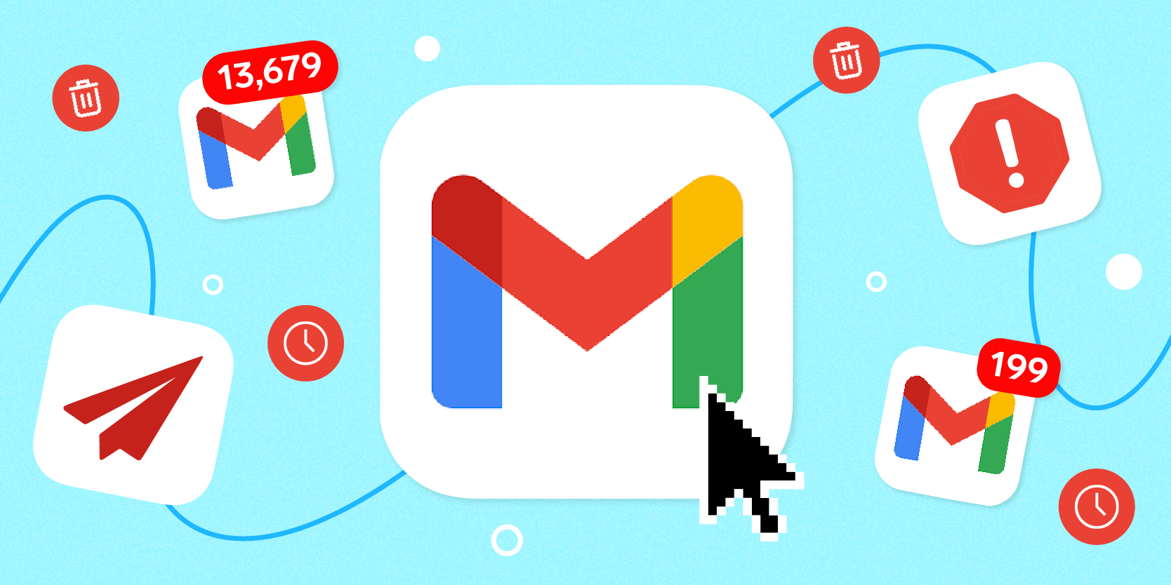 Tech Reference Tips and Tricks for Gmail inbox: Gmail logos surrounded by emailing icons (send, delete, spam, and unread messages)