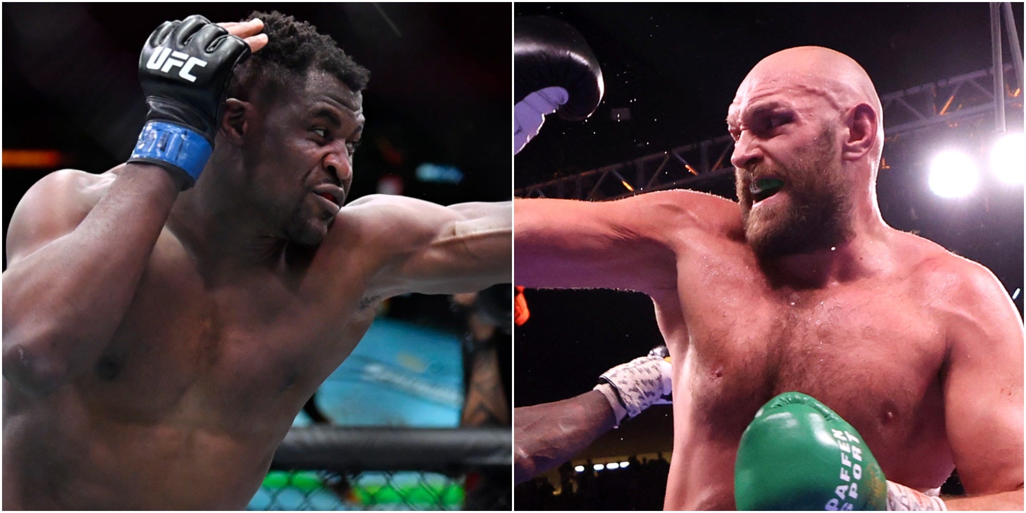 A side-by-side image of Francis Ngannou and Tyson Fury.