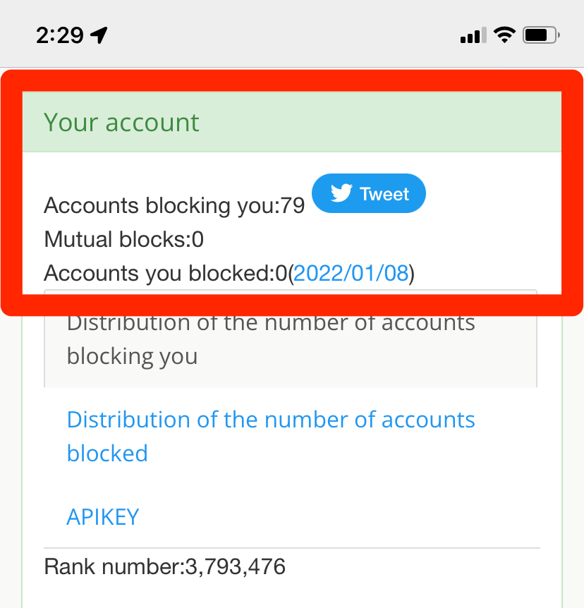 A count of how many Twitter accounts block the user, made in blolook.