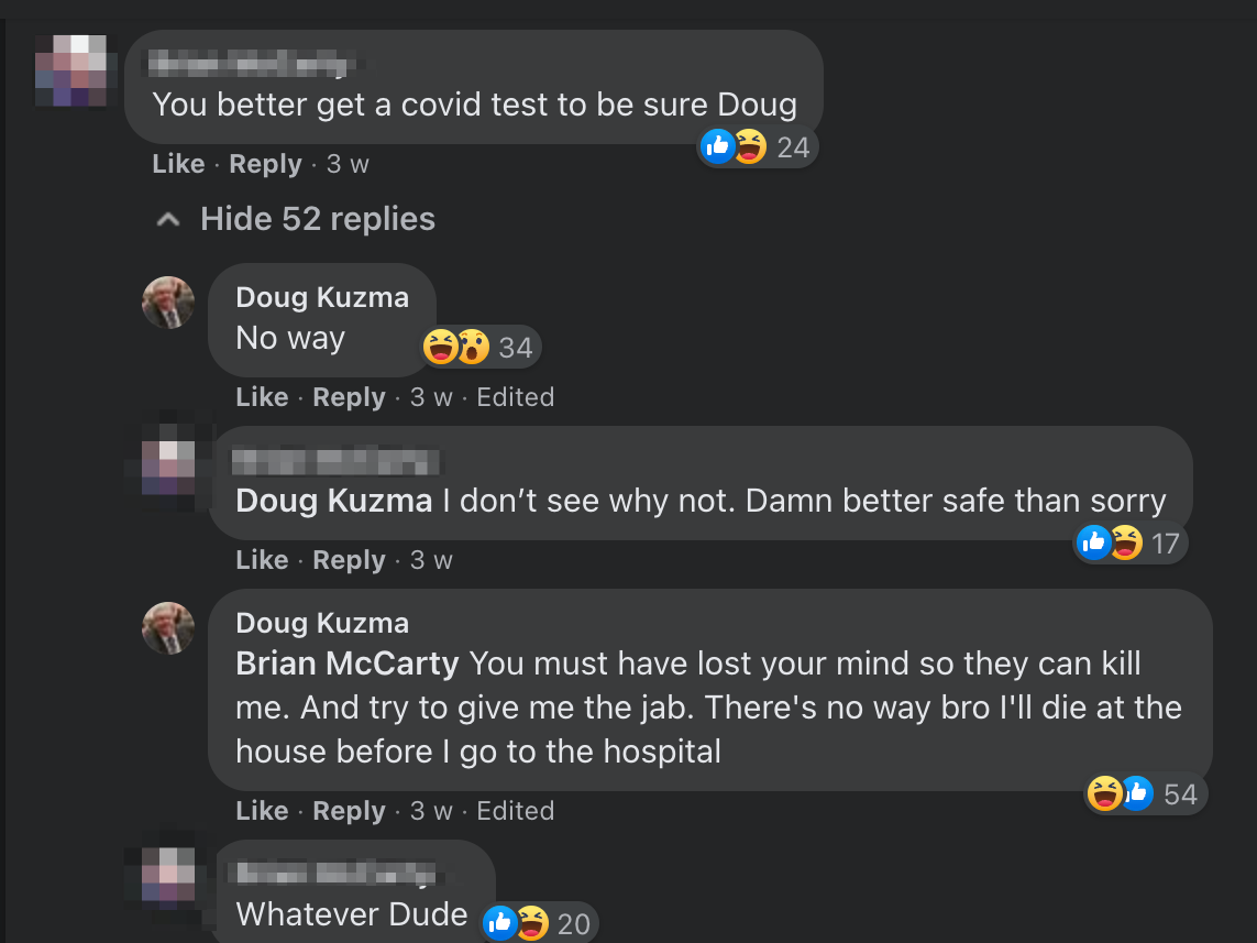 A conversation on Facebook shows Doug Kuzma refusing to get tested for COVID-19, which later killed him.