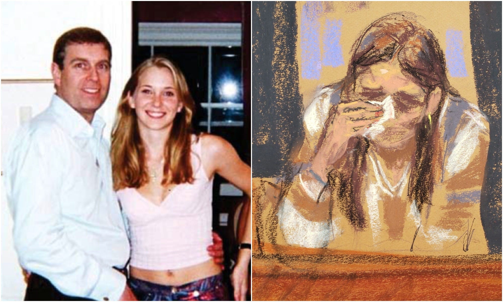 Prince Andrew and Virginia Giuffre (L), Carolyn Andriano sketch (R)