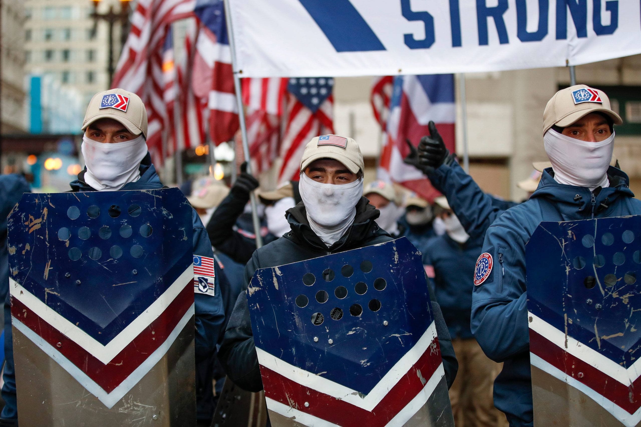 The white nationalist group Patriot Front attends the March For Life on January 8, 2022 in Chicago, Illinois.