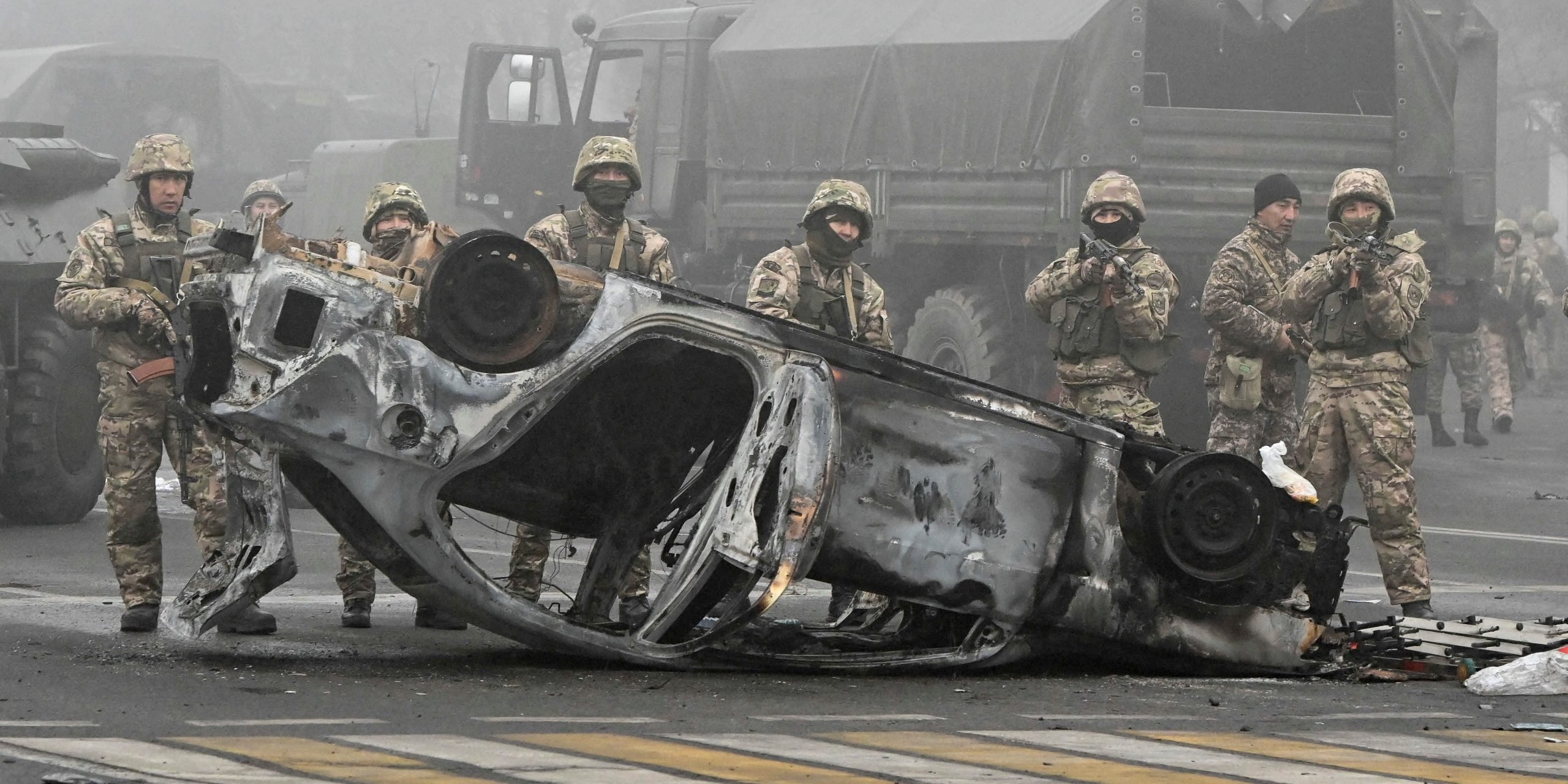 roops are seen at the main square where hundreds of people were protesting against the government, after authorities' decision to lift price caps on liquefied petroleum gas, in Almaty, Kazakhstan January 6, 2022