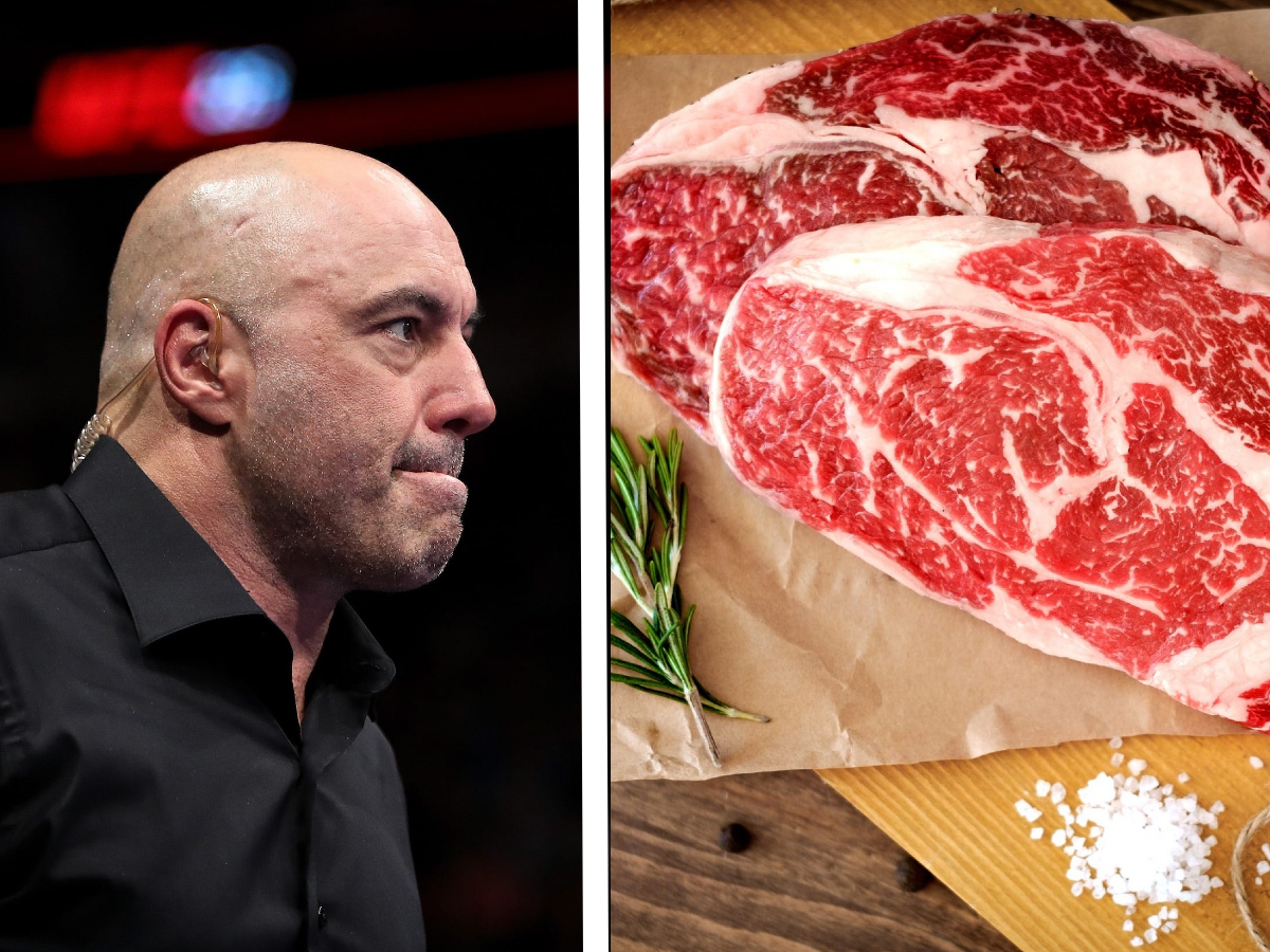 podcaster Joe Rogan; a raw ribeye steak with salt