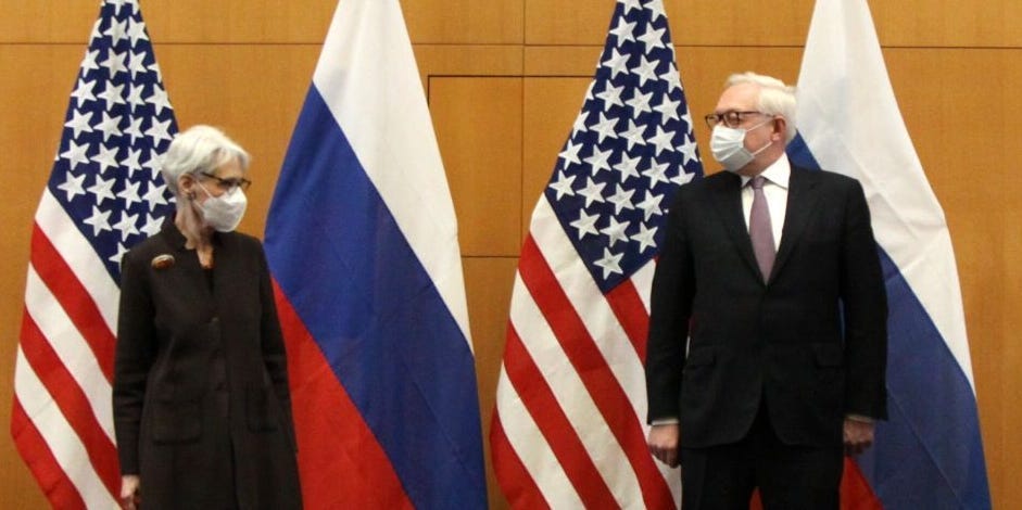 US Deputy Secretary of State Wendy Sherman and Russian Deputy Foreign Minister Sergey Ryabkov attend the security talks between the US and Russia, in Geneva, Switzerland on January 10, 2022