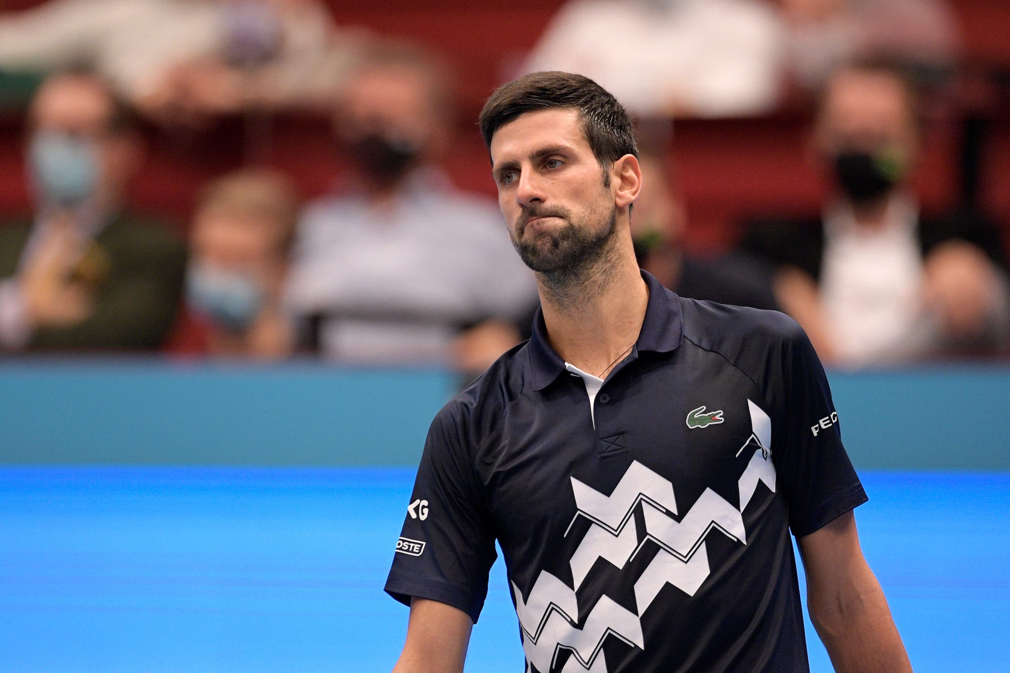 Novak Djokovic of Serbia reacts during his quarter finals match against Lorenzo Sonego of Italy on day seven of the Erste Bank Open tennis tournament at Wiener Stadthalle