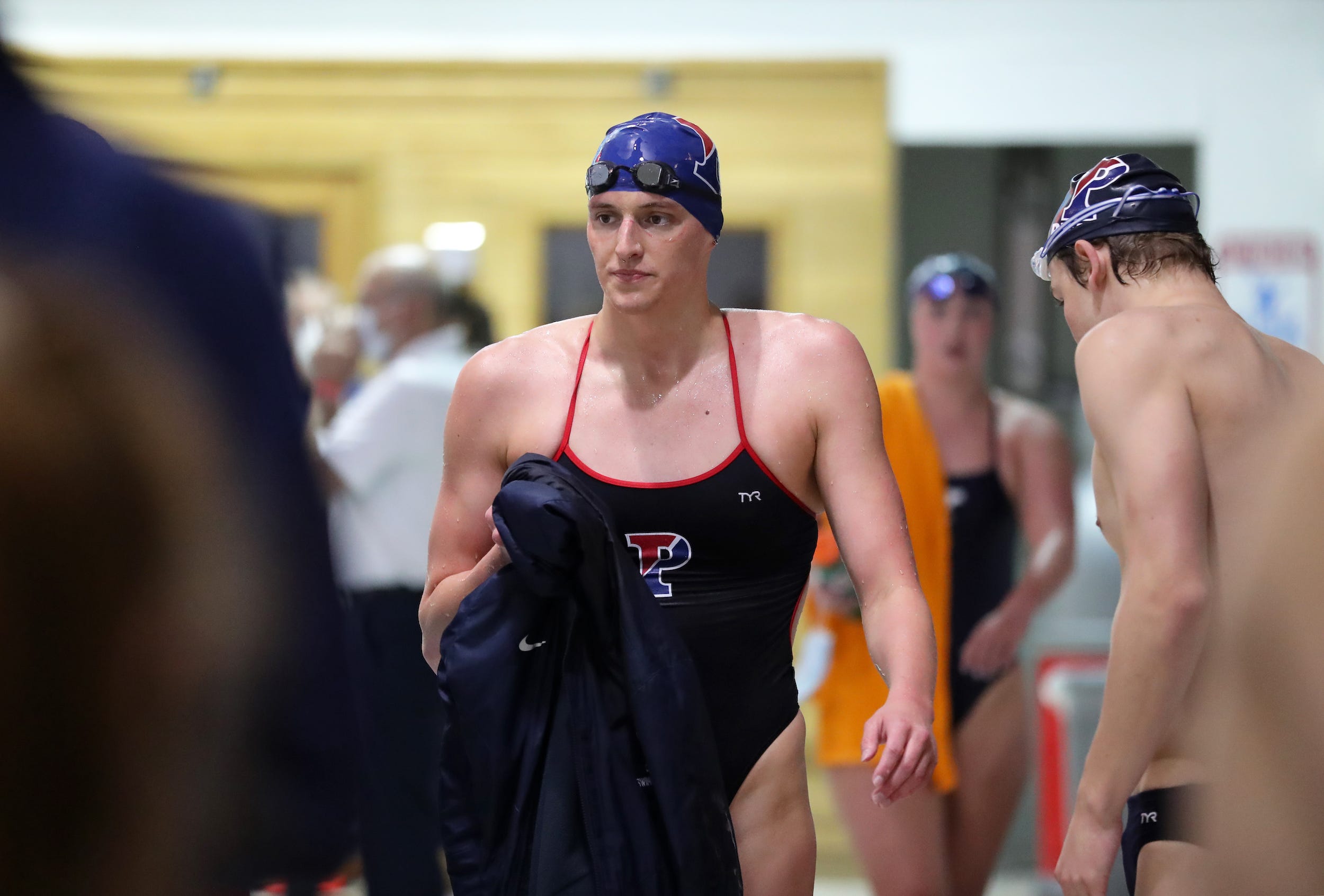 Lia Thomas participates in an Ivy League swim meet.