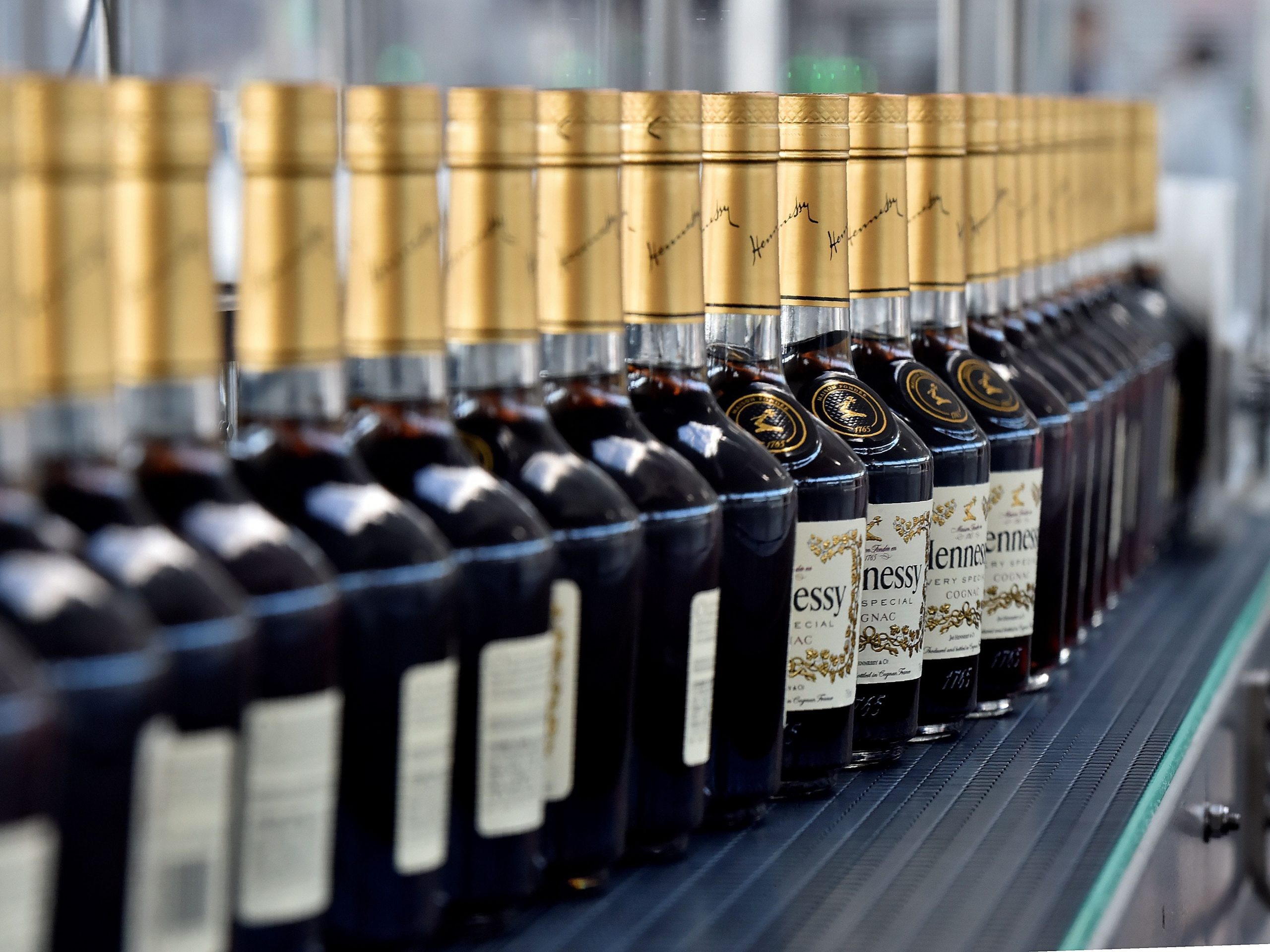 Hennessy bottles on a production line