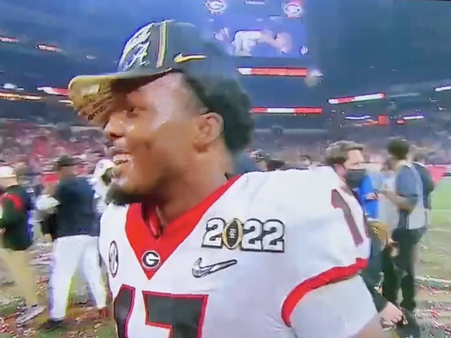 Nakobe Dean celebrates Georgia's win in the national championship.