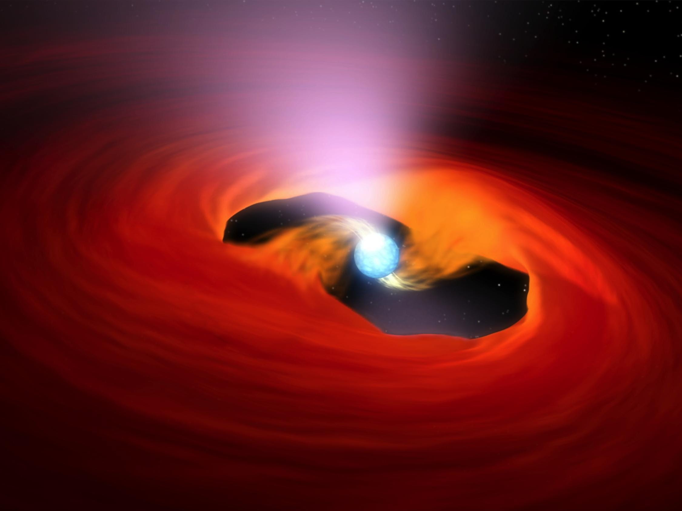 pulsar illustration bright blue ball with beams shooting out swirling in red material