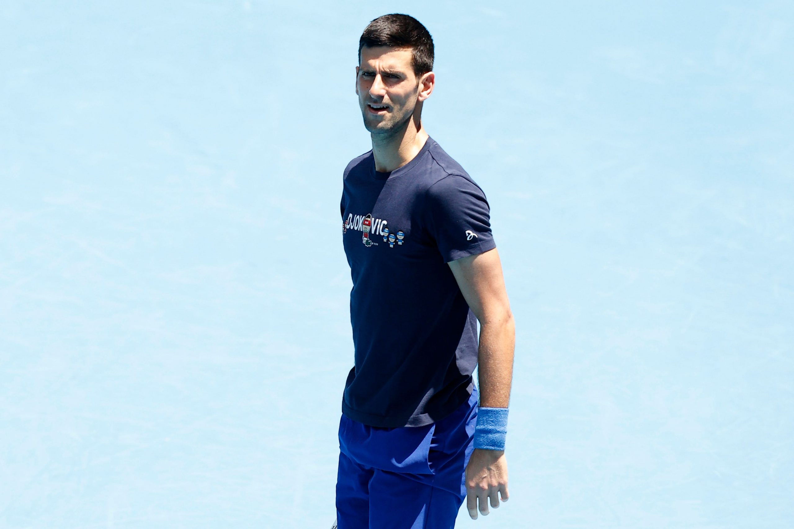 Novak Djokovic of Serbia is seen during a practice session ahead of the 2022 Australian Open at Melbourne Park on January 12, 2022 in Melbourne, Australia.