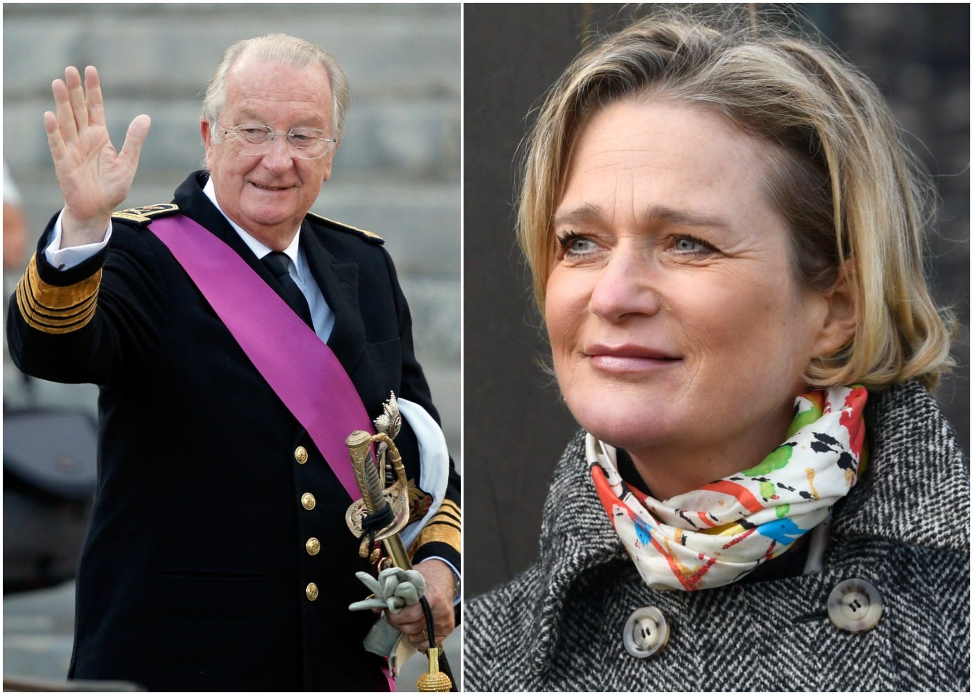 King Albert II of Belgium in front of the Cathedral of St Michael and Saint Gudula, and Delphine van Saxen-Coburg, and the first time Delphine goes public as a princess.