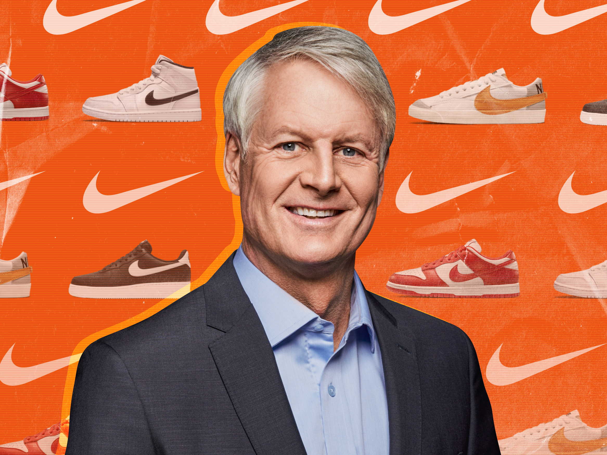 Nike CEO John Donahoe in front of pattern of Nike sneakers and logo 4x3