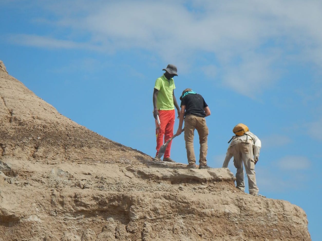 three people standing on top of brown cliff rock against blue sky