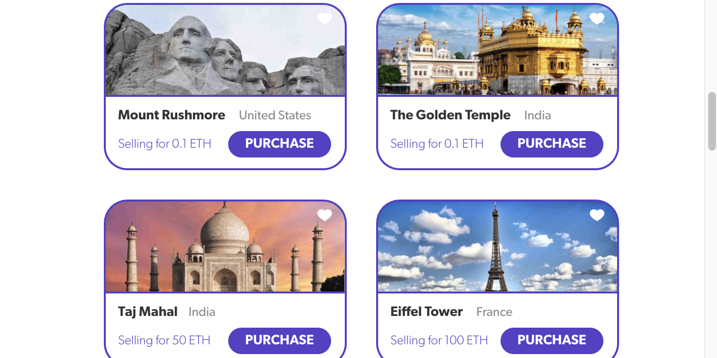 A screenshot of online platform SuperWorld where users can buy and sell virtual land such as Mount Rushmore or the Eiffel Tower.