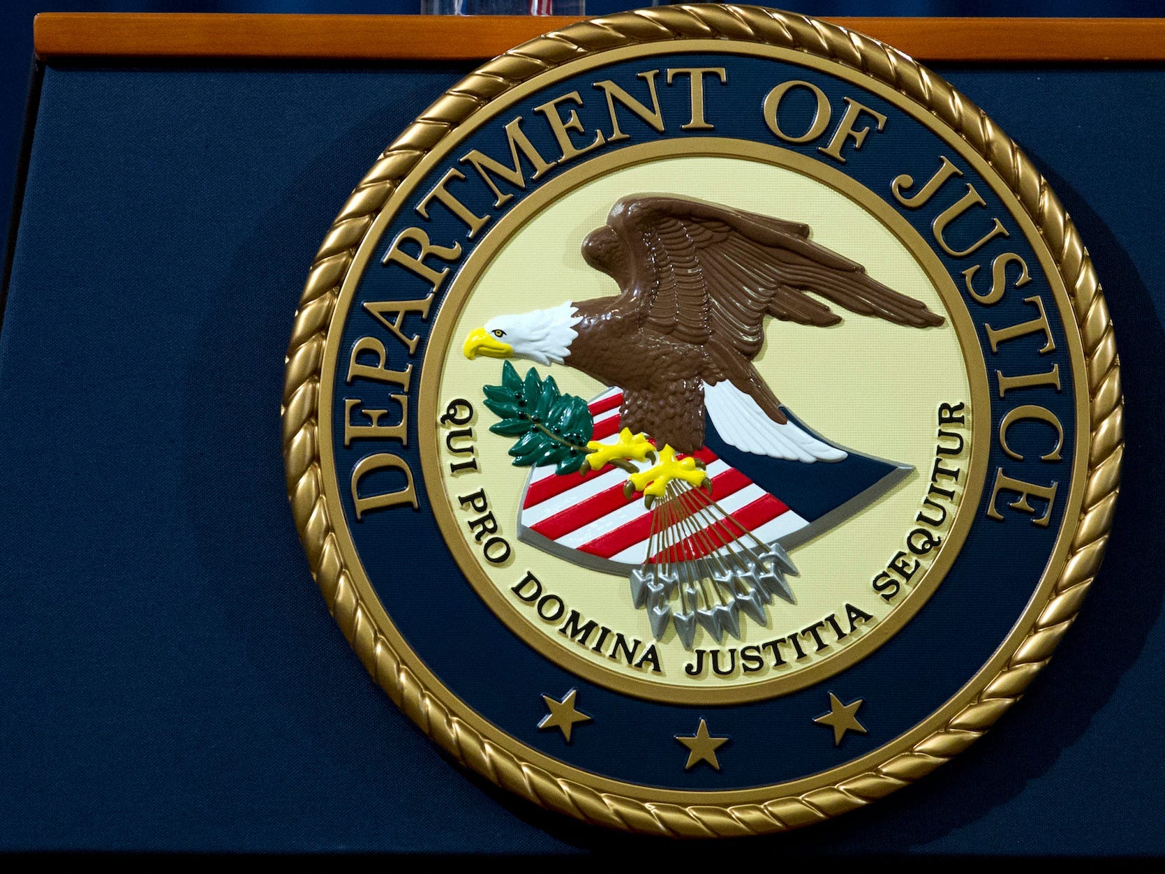 In this Nov. 28, 2018, file photo, the Department of Justice seal is seen in Washington, D.C.