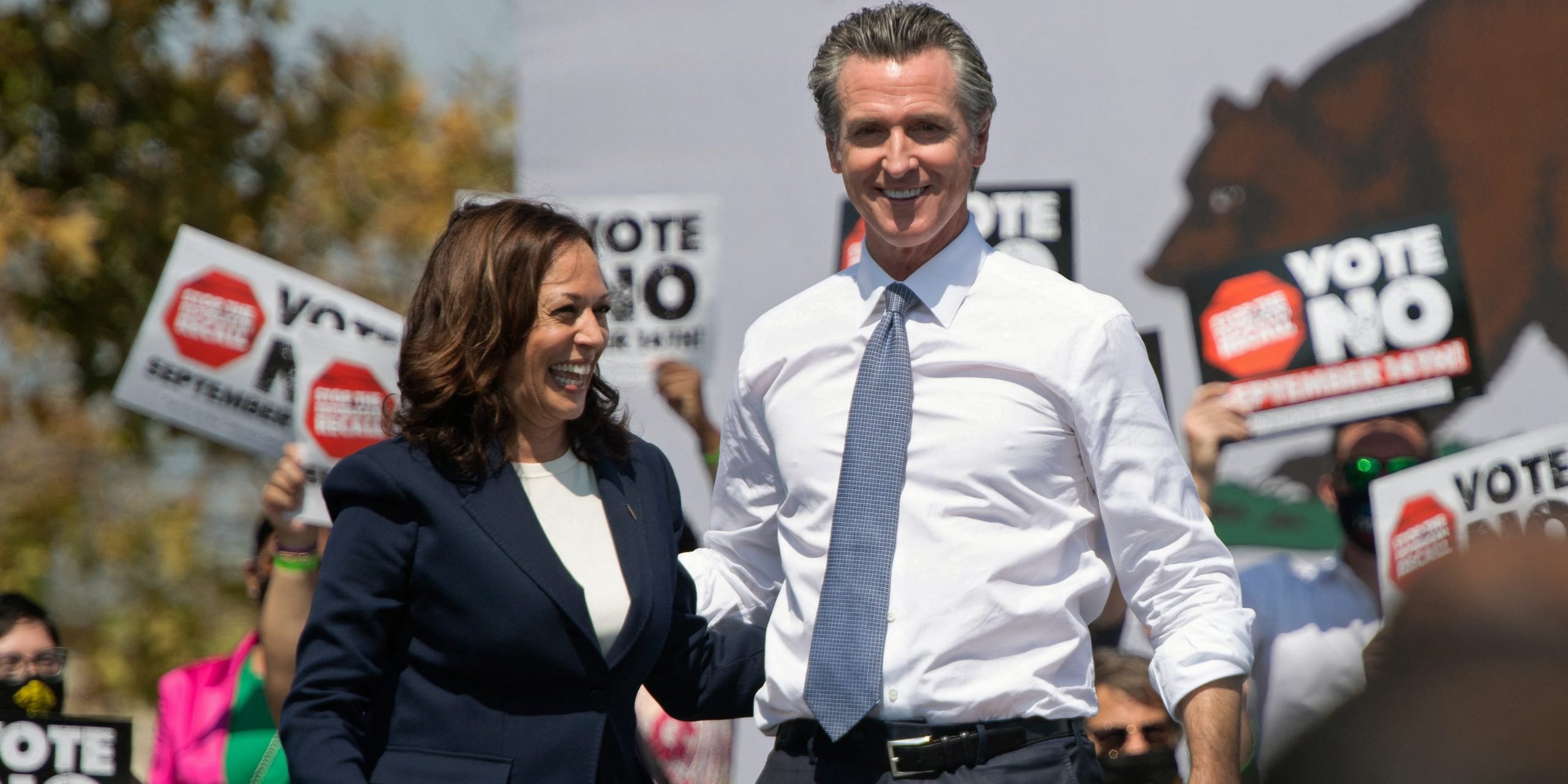 Vice President Kamala Harris and California Gov. Gavin Newsom appear at an anti-recall rally together in September 2021.