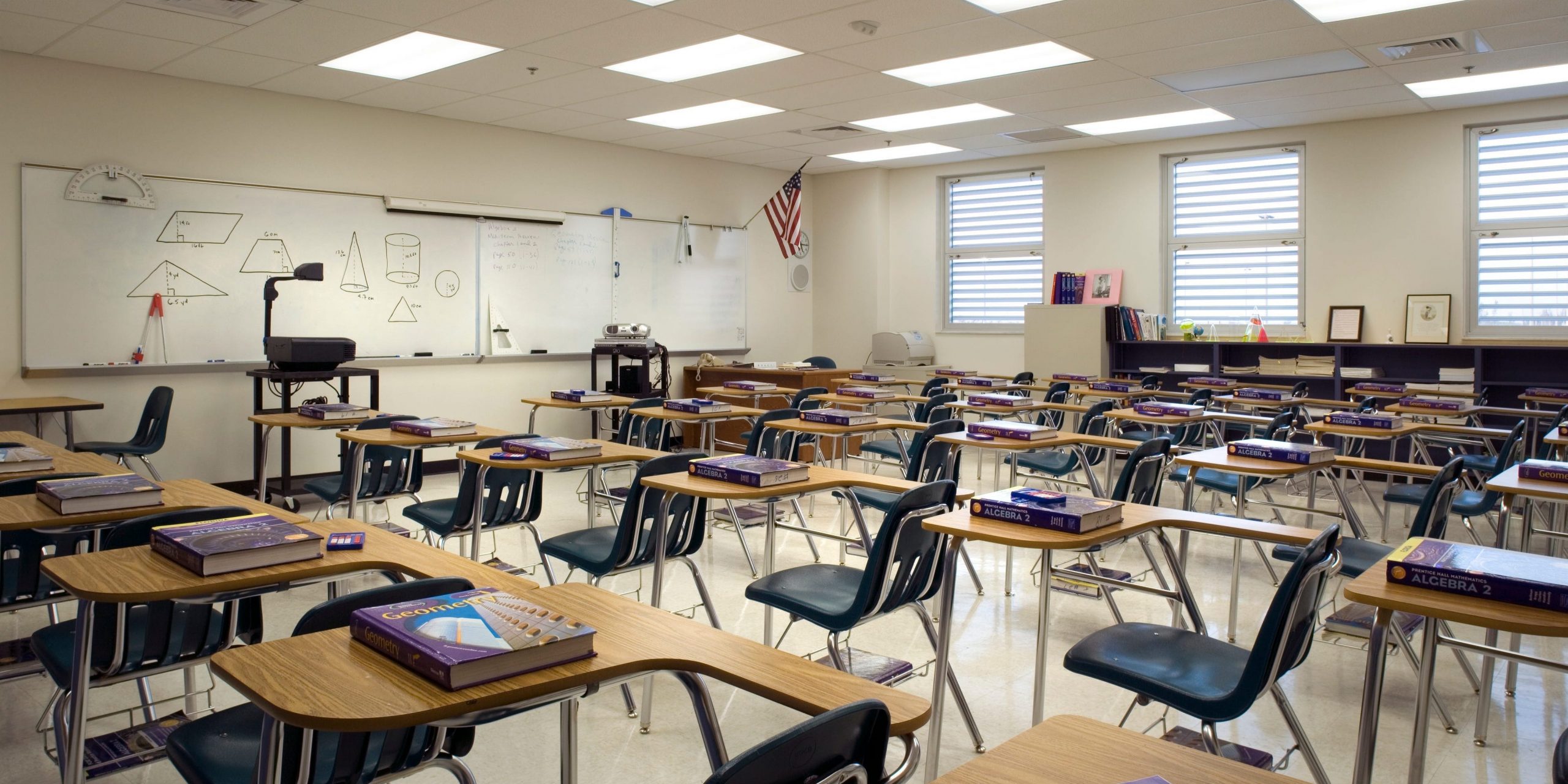 An empty high school classroom.