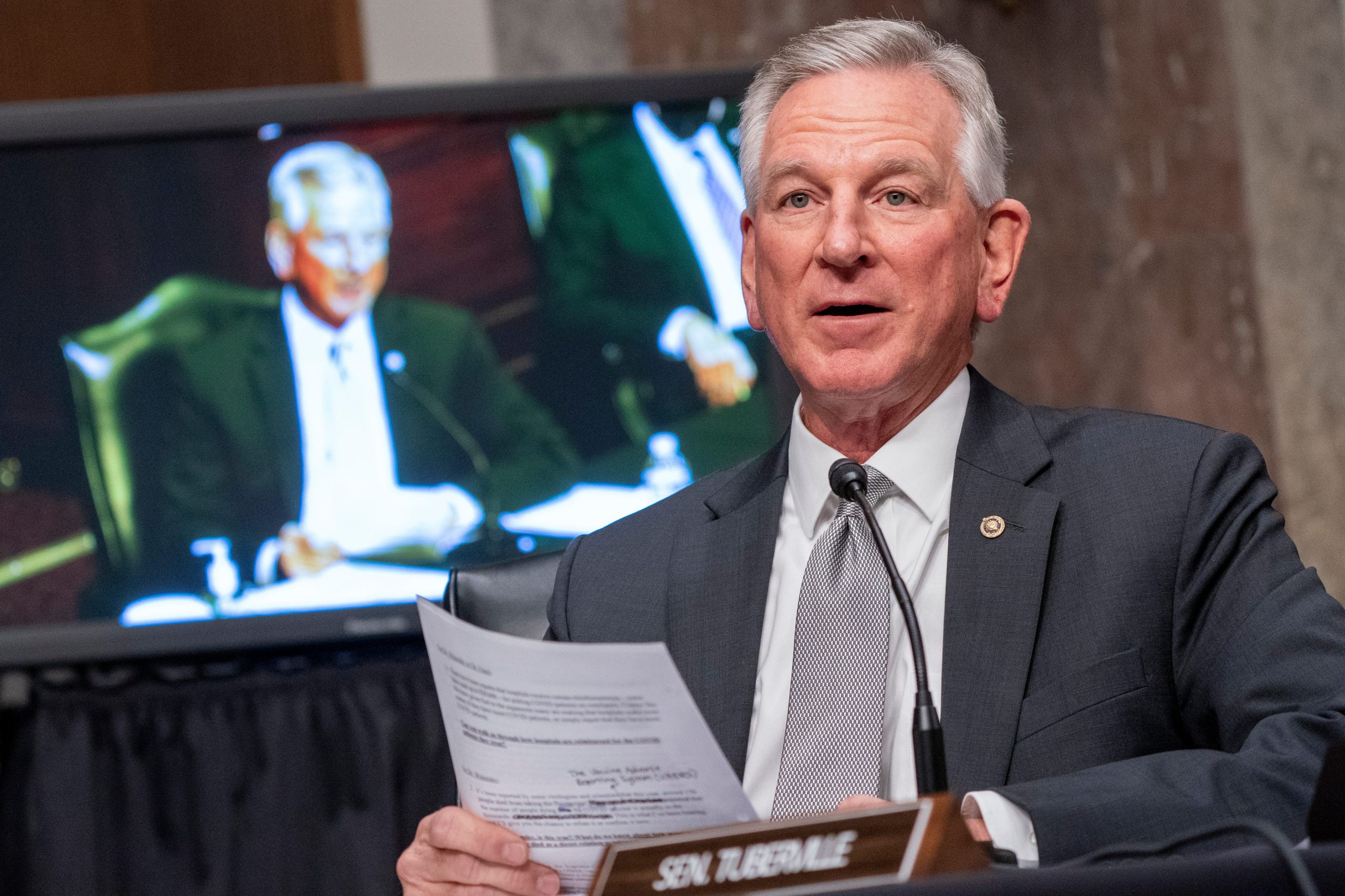 Sen. Tommy Tuberville questions witnesses about the federal response to COVID-19 at a committee hearing in Washington D.C.