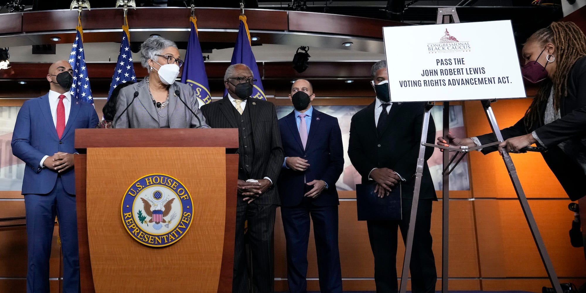 Standing with fellow members of the Congressional Black Caucus, chair of the group Rep. Joyce Beatty (D-OH) speaks during a news conference at the U.S. Capitol on January 12, 2022 in Washington, DC.