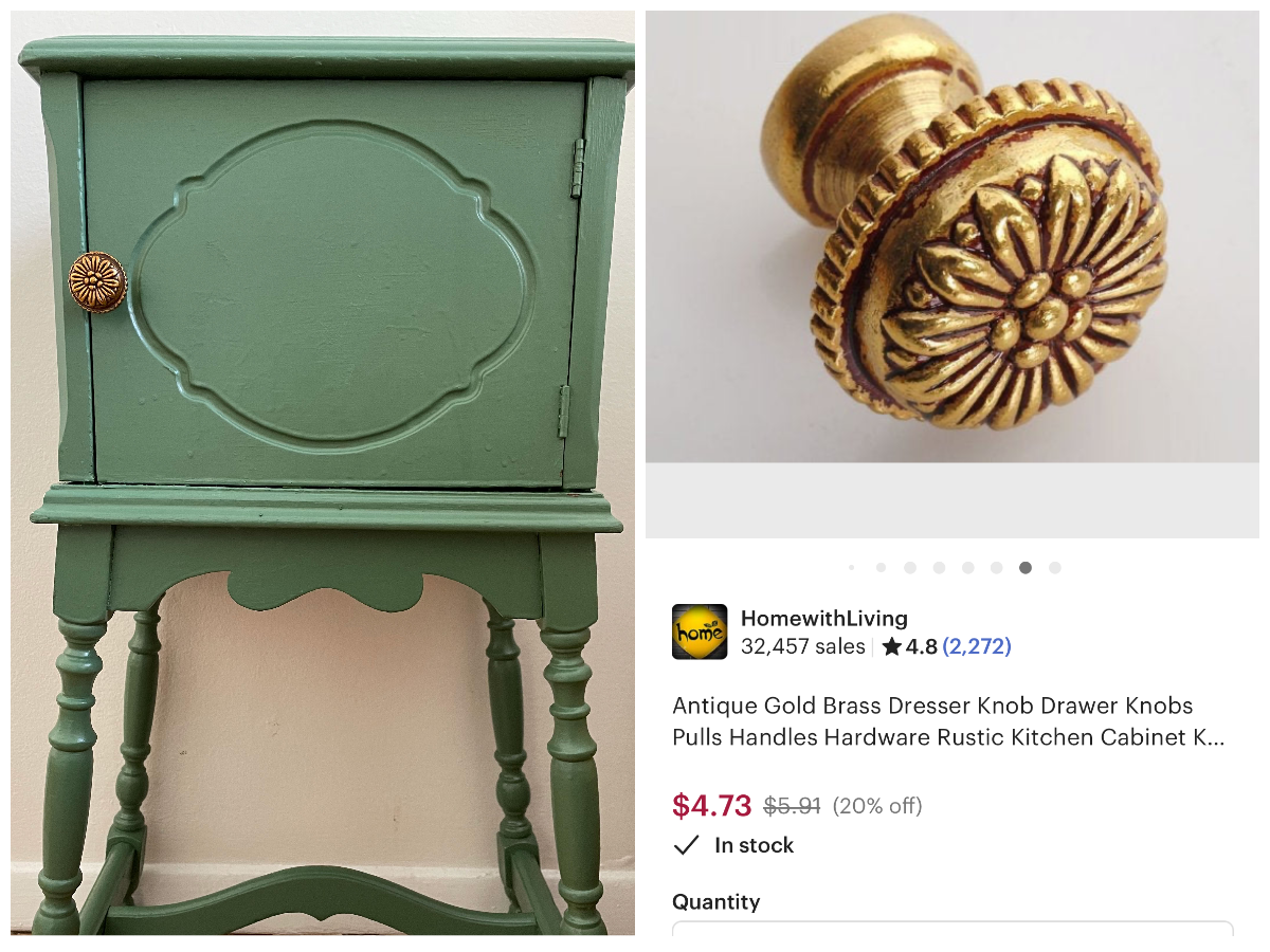 I ordered this "antique brass knob" from Etsy for $4.73 to level-up an old bedside table I repainted.