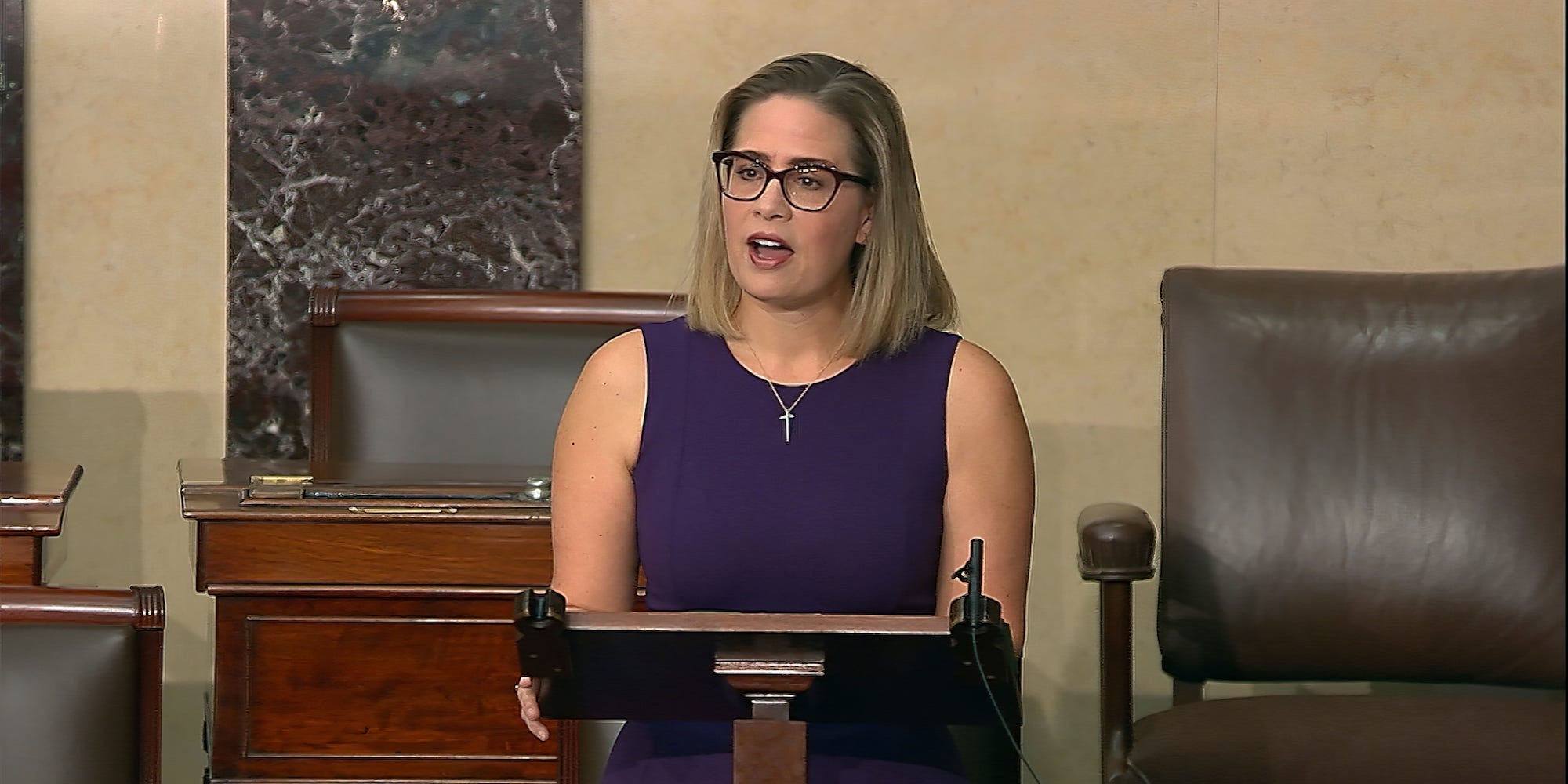 In this image from Senate Television, Sen. Kyrsten Sinema, D-Ariz., speaks on the floor of the U.S. Senate on Thursday, Jan. 13, 2022.