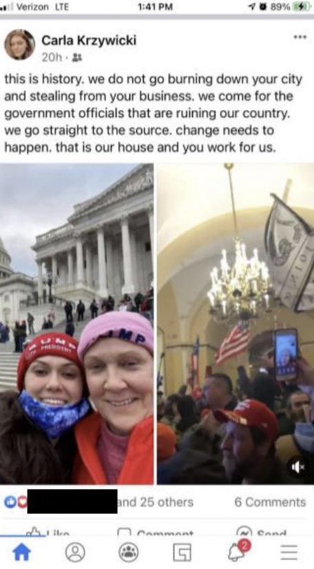 Screenshot of a Facebook post made by Carla Krzywicki after the Capitol riot, including a photo of the two of them together outside the Capitol.