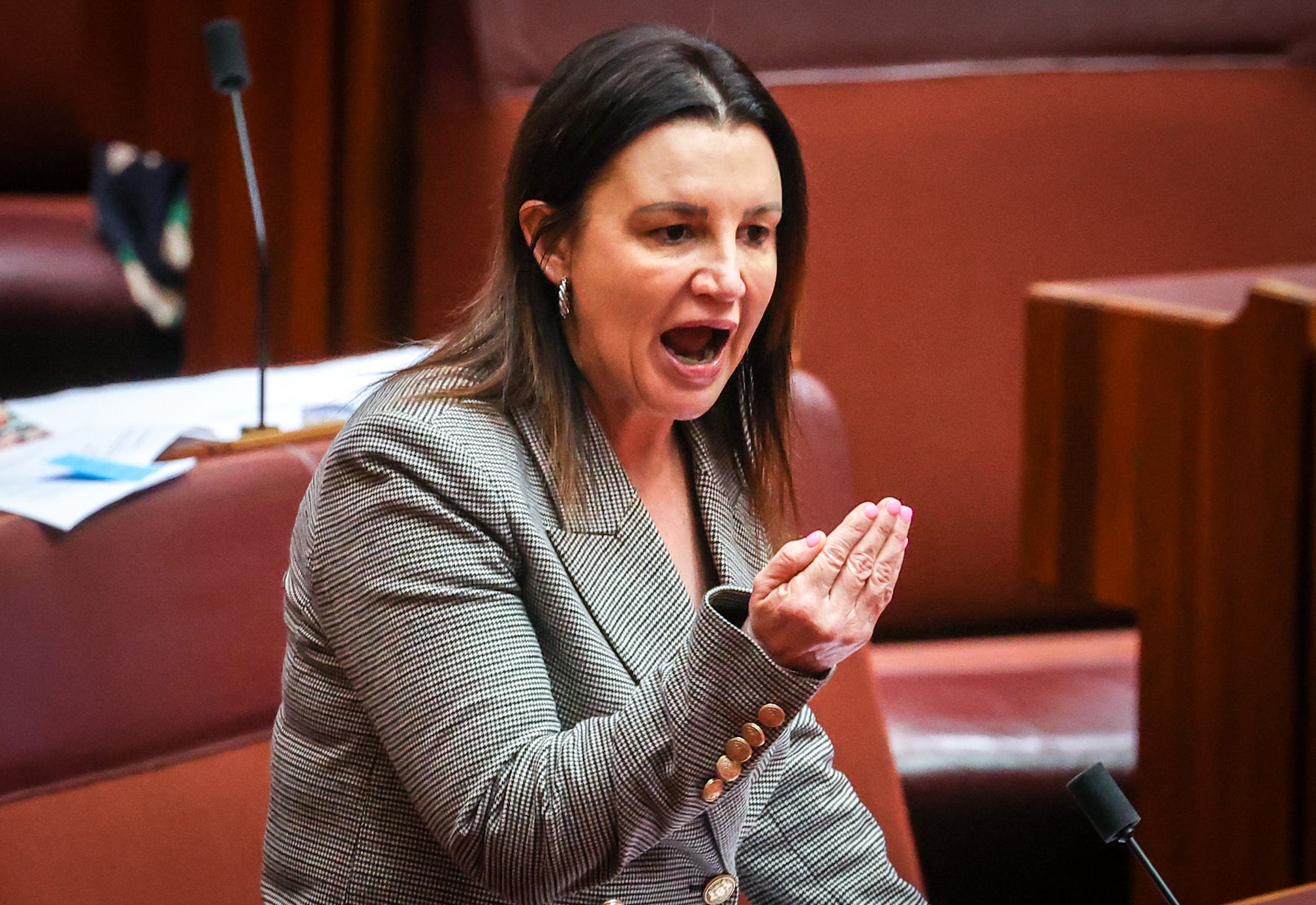 Senator Jacqui Lambie reacts as she speaks in the Australian Senate at Parliament House on September 3, 2020 in Canberra, Australia. The federal aged care royal commission has criticised the Morrison government for failing to establish independent monitoring and reporting of aged care quality outcomes during the coronavirus pandemic