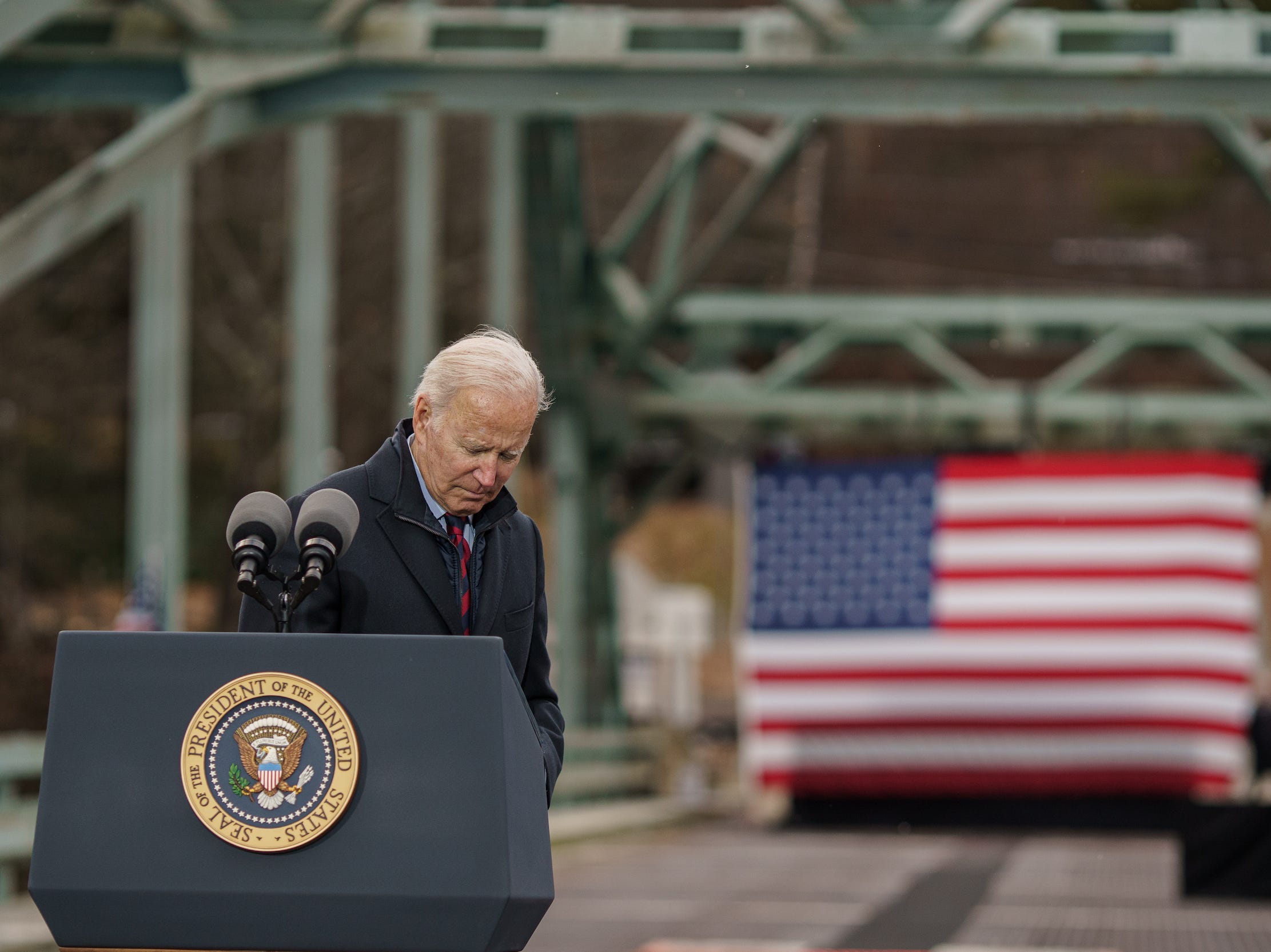 President Joe Biden delivers a speech on infrastructure while visiting the NH 175 bridge spanning the Pemigewasset River on November 16, 2021 in Woodstock, New Hampshire