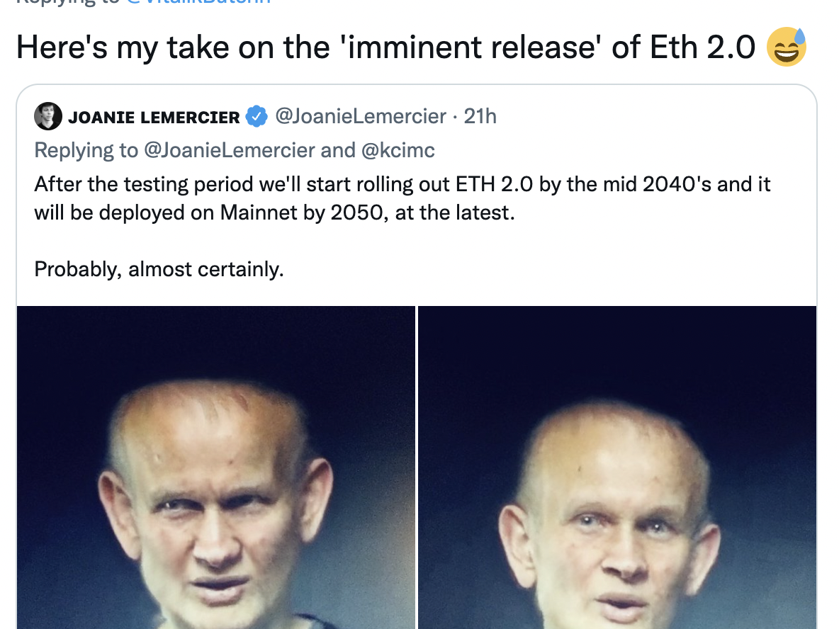 Screenshot of a Tweet where the Twitter user is lightheartedly making fun of ethereum's missed deadlines