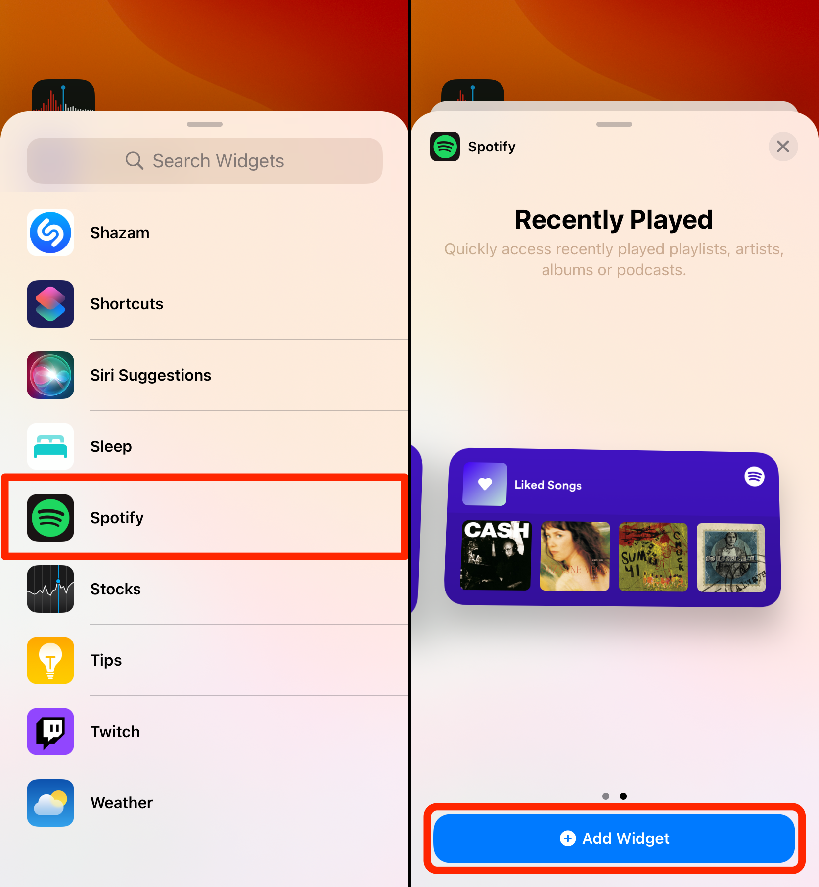 Two screenshots showing how to add a Spotify widget to the iPhone homescreen.